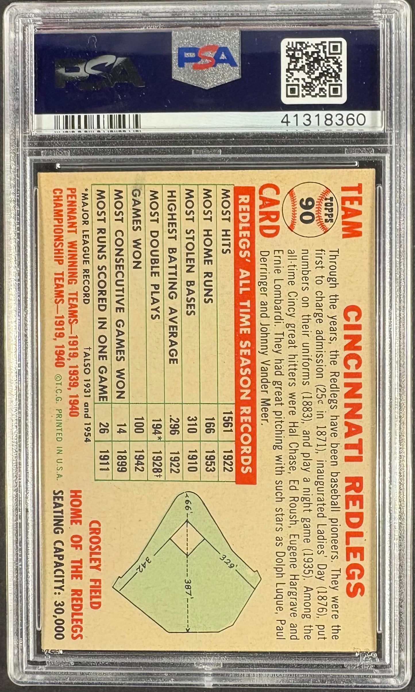 1956 Topps #90d Cincinnati Redlegs No Date Name Left White Back PSA 8