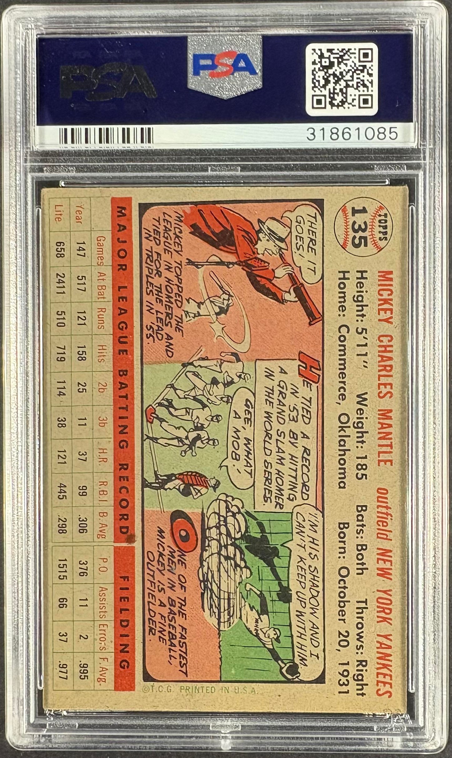 1956 Topps #135 Mickey Mantle PSA 6 EX-MT Well Centered New Label