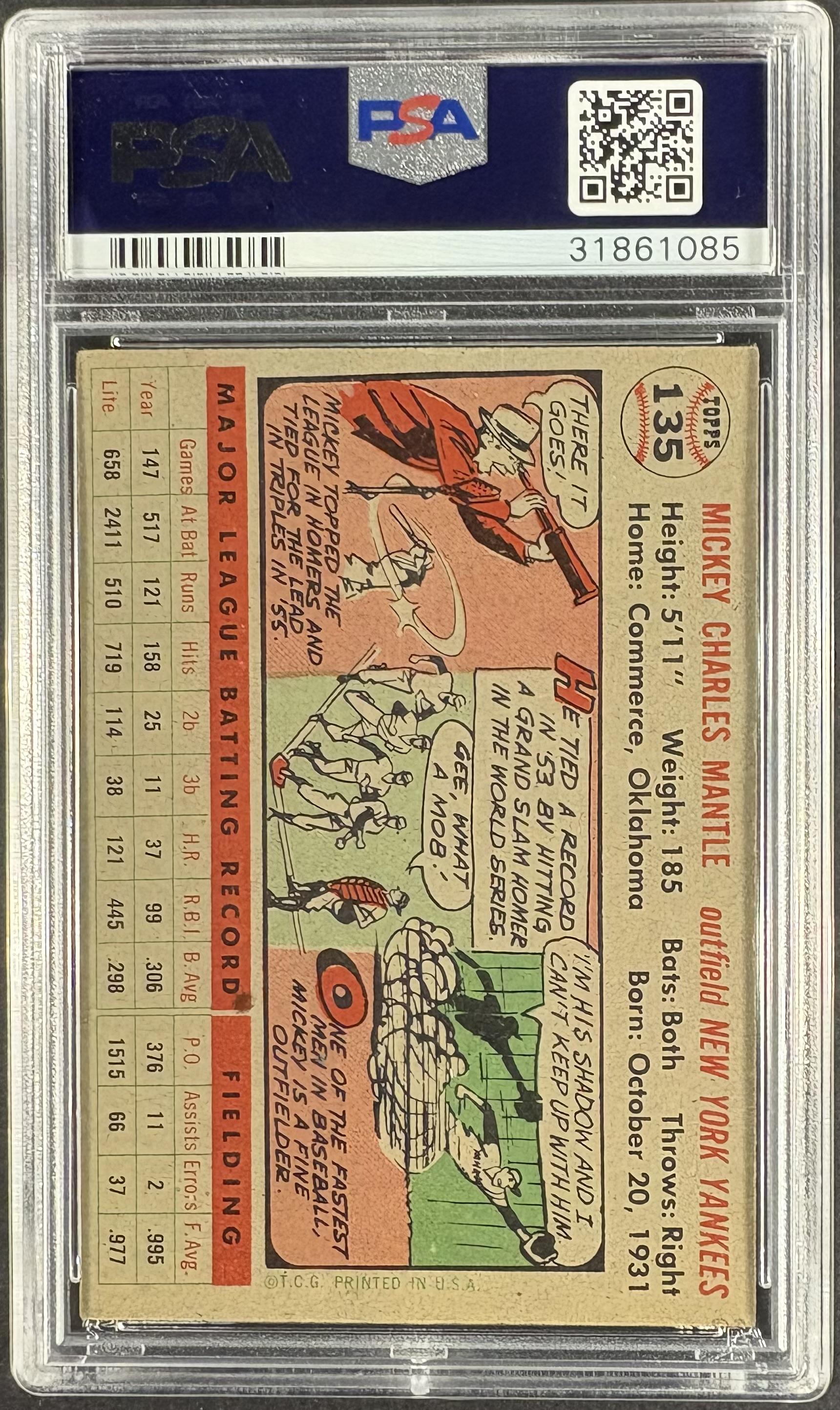 1956 Topps #135 Mickey Mantle PSA 6 EX-MT Well Centered New Label