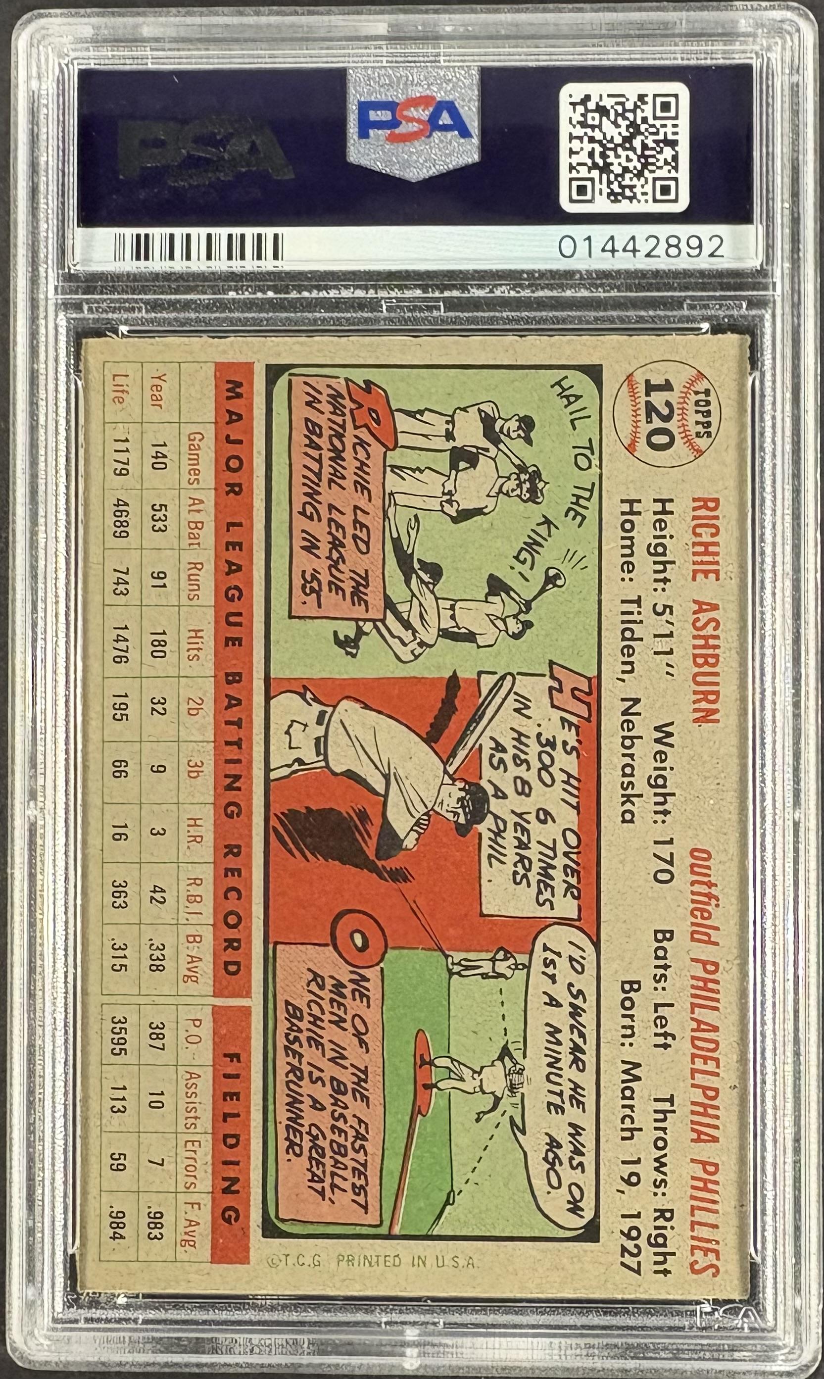 1956 Topps #120 Richie Ashburn PSA 8 NM-MT High Grade New Label