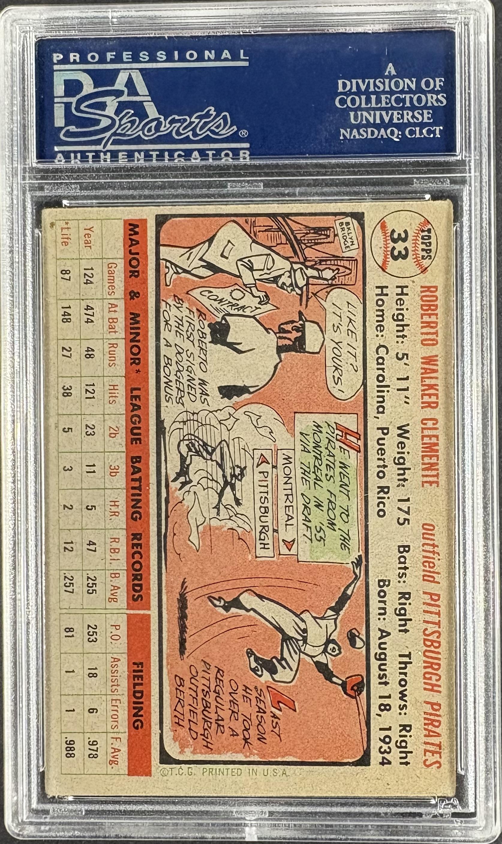 1956 Topps #33 Roberto Clemente Gray Back PSA 5 EX Well Centered