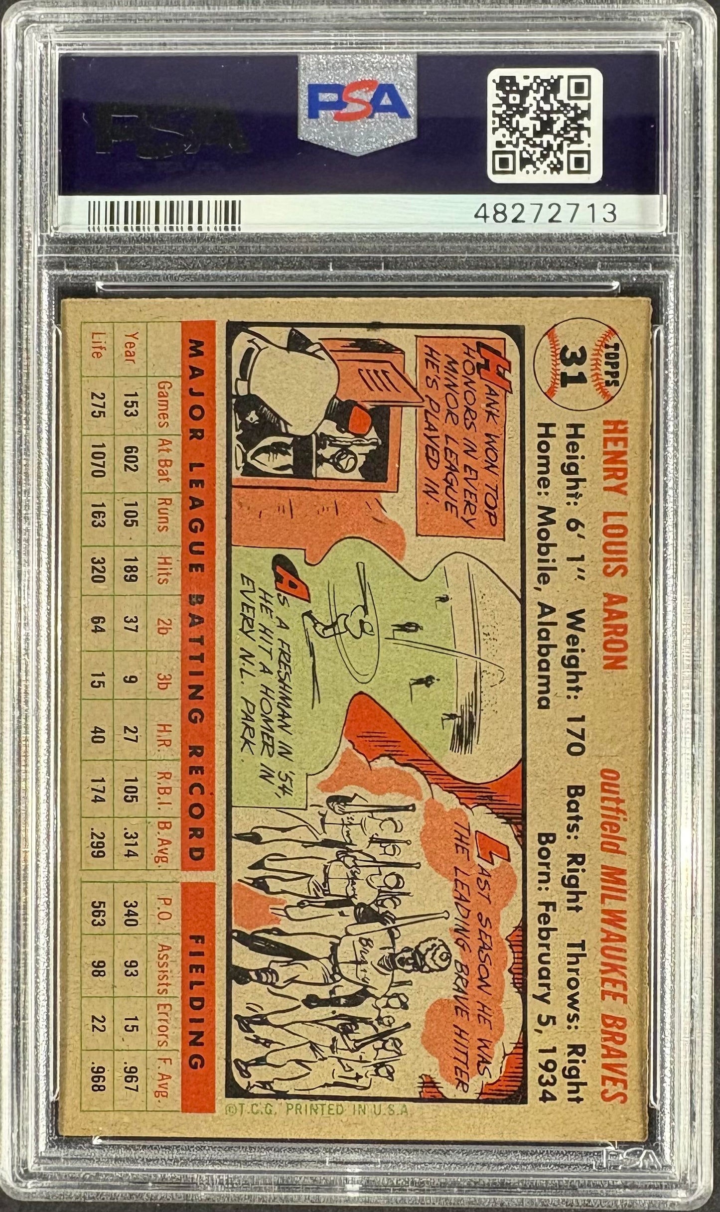1956 Topps #31b Hank Aaron PSA 6 EX-MT Nice Eye Appeal New Label