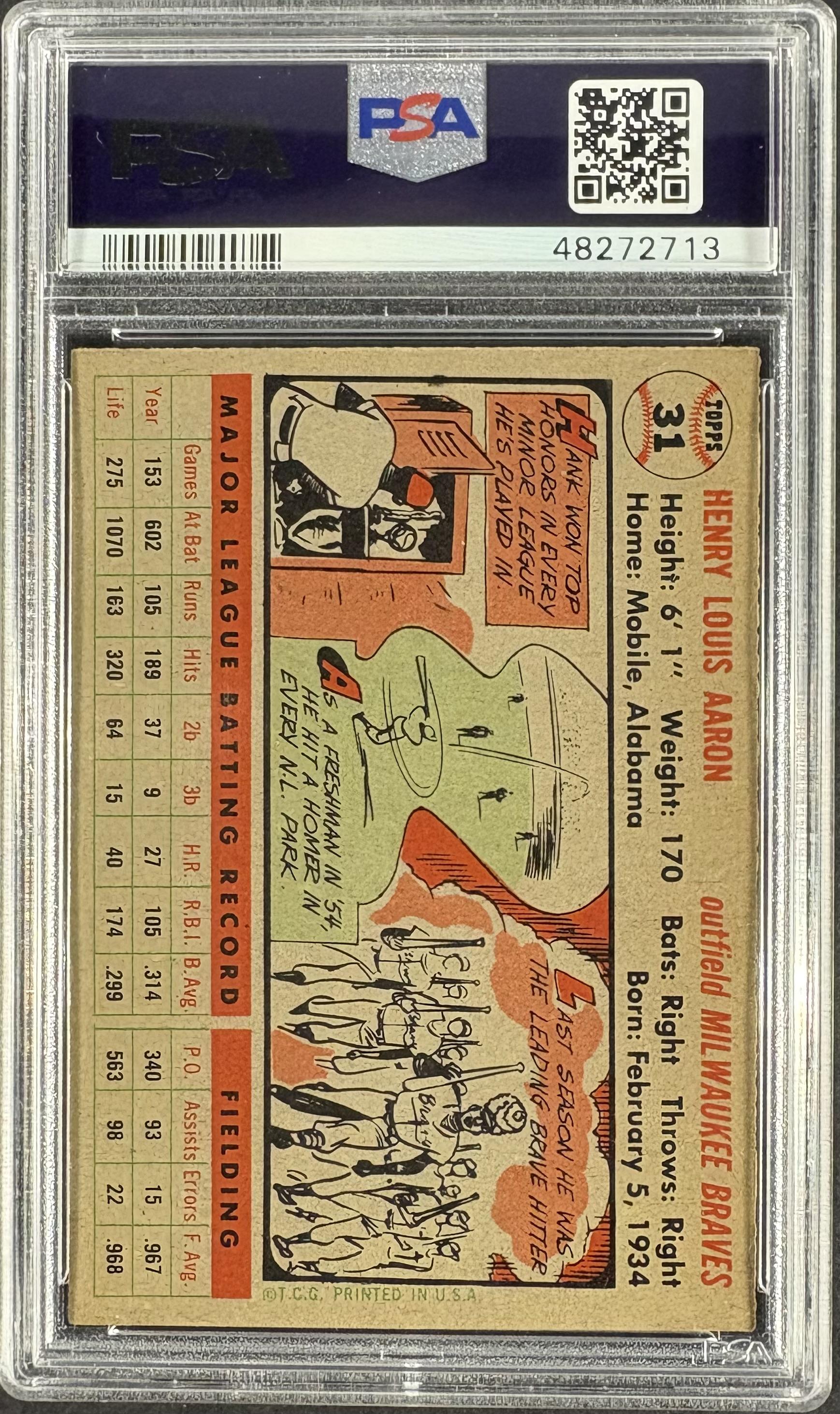 1956 Topps #31b Hank Aaron PSA 6 EX-MT Nice Eye Appeal New Label