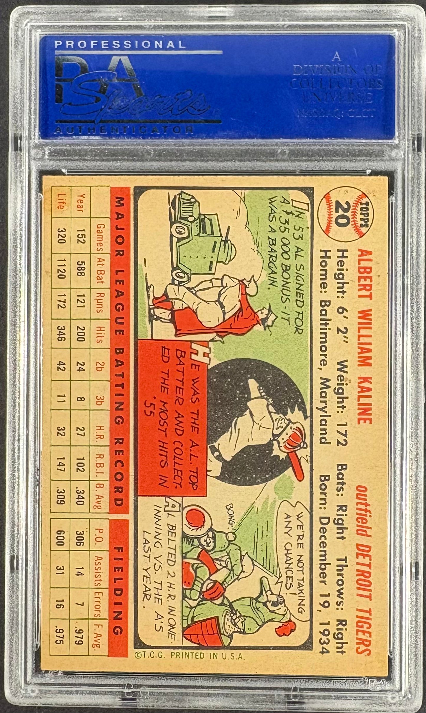 1956 Topps #20 Al Kaline White Back PSA 6 EX-MT