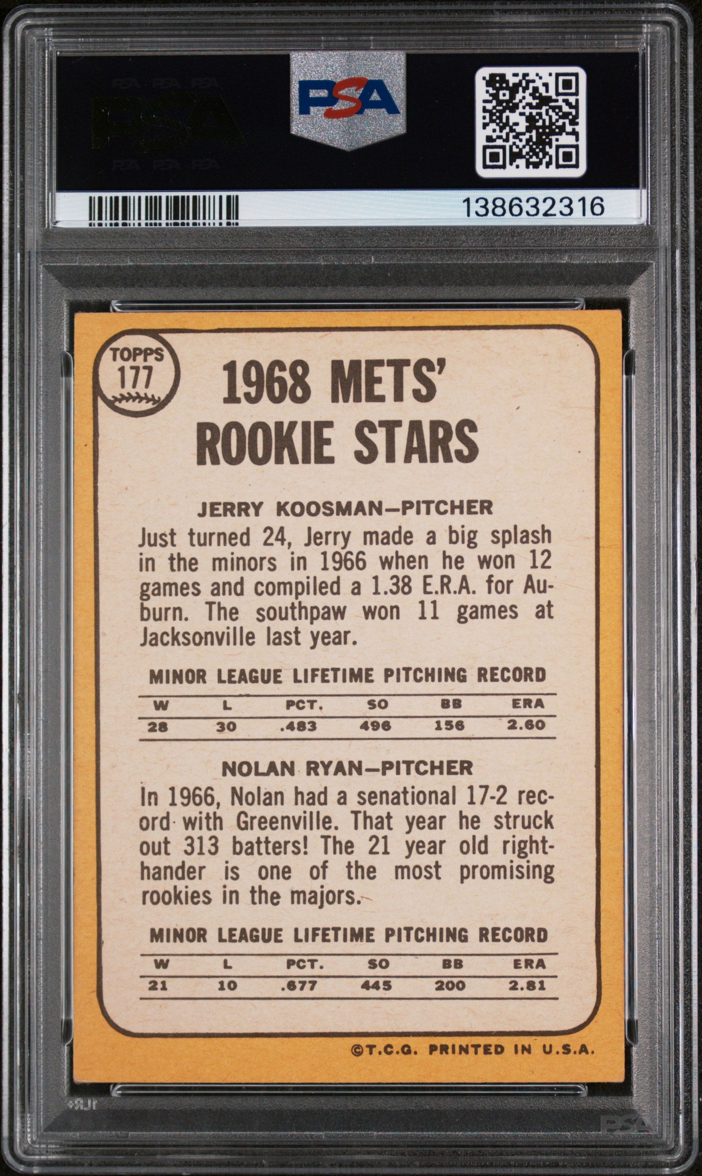 1968 Topps #177 Nolan Ryan RC Rookie PSA 5 EX New Label