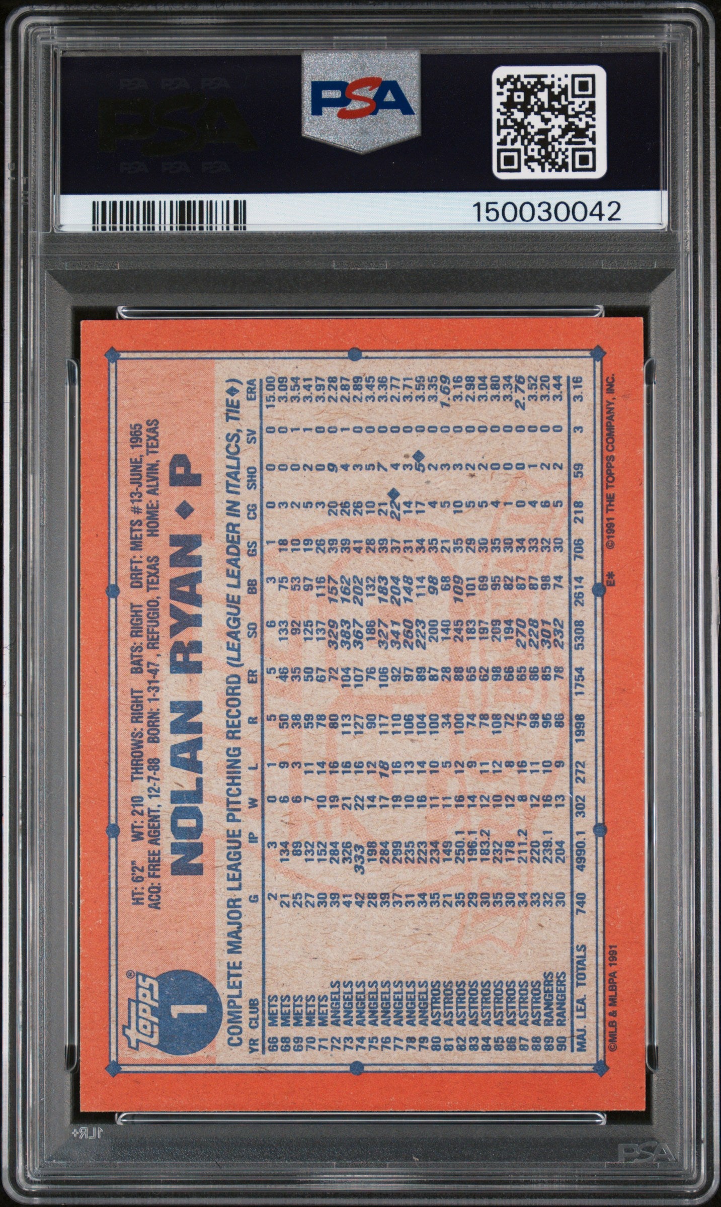 1991 Topps Desert Shield #1 Nolan Ryan PSA 8 NM-MT New Label