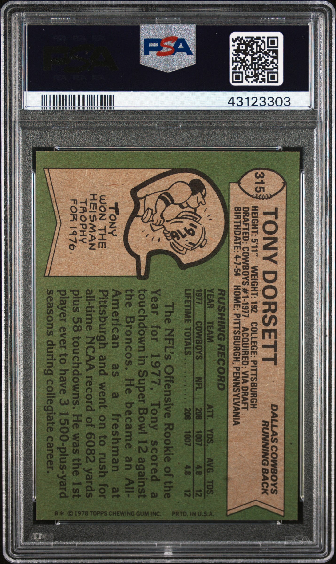 1978 Topps #315 Tony Dorsett RC Rookie PSA 9 MINT High Grade New Label