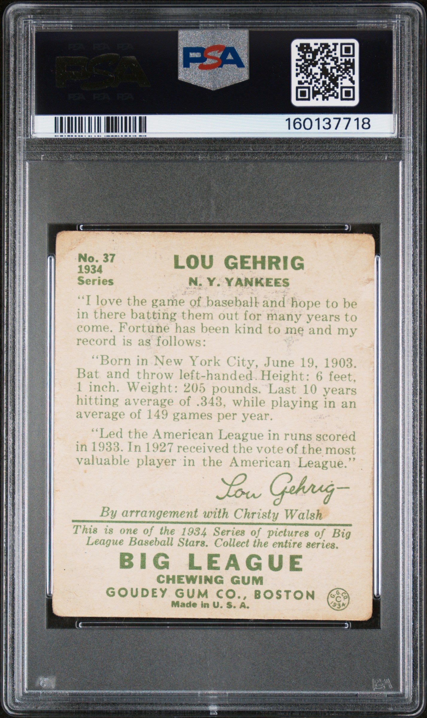 1934 Goudey #37 Lou Gehrig PSA 1 Nice Eye Appeal New Label