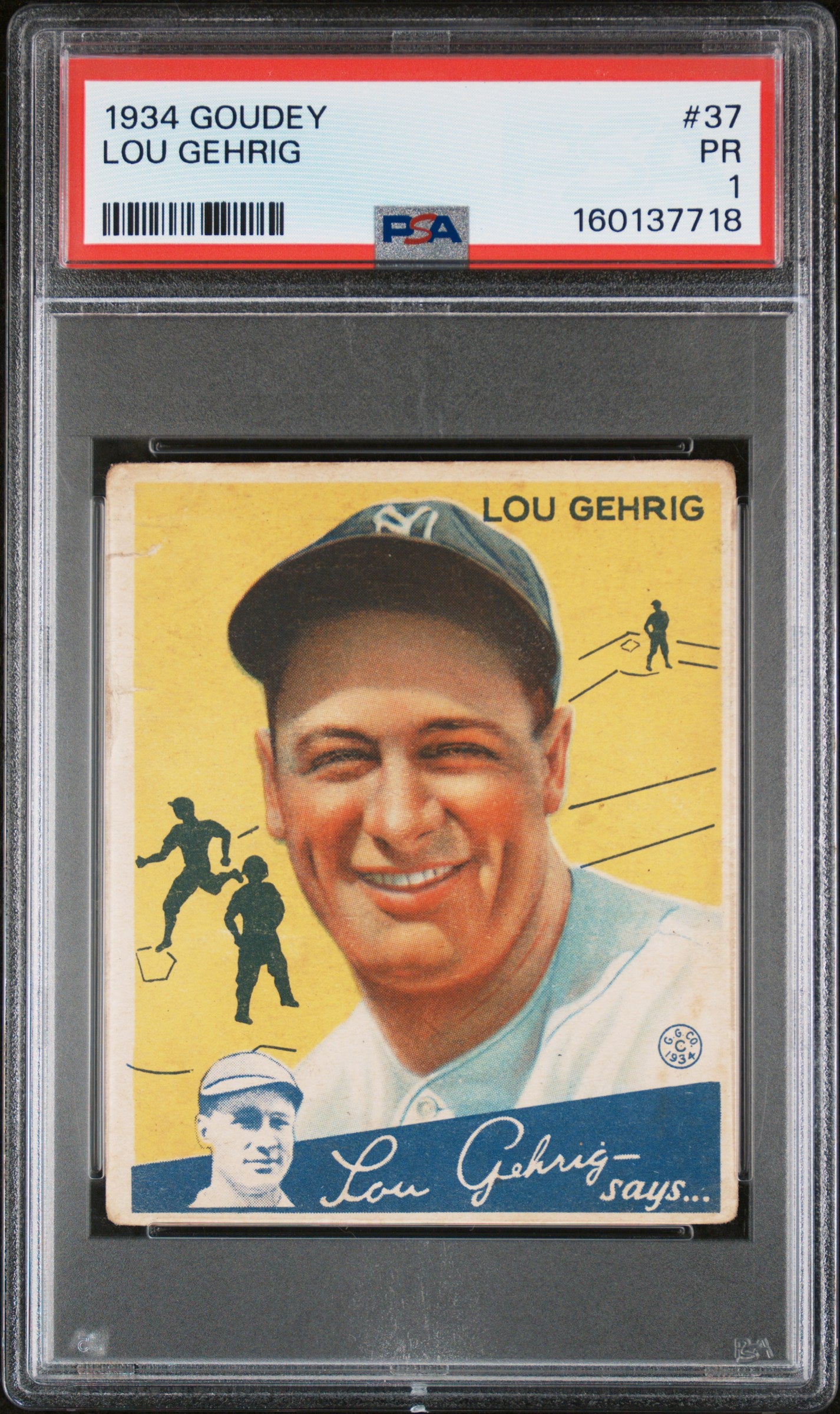 1934 Goudey #37 Lou Gehrig PSA 1 Nice Eye Appeal New Label