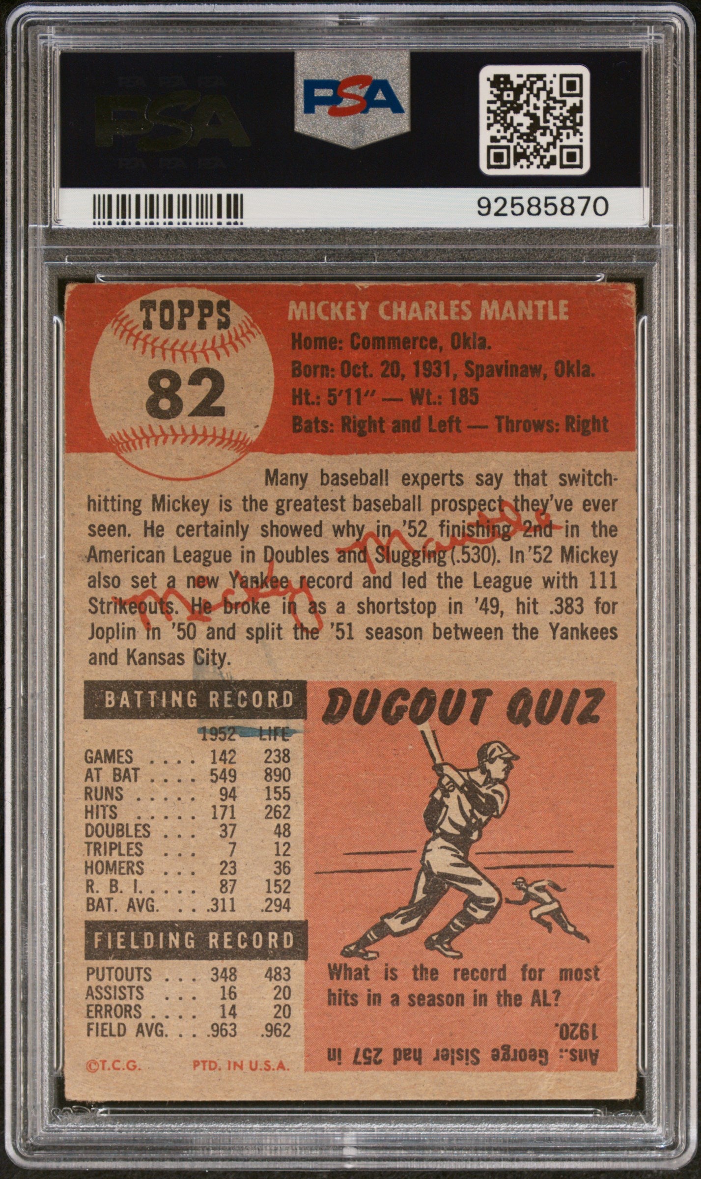 1953 Topps #82 Mickey Mantle PSA 1.5 mk Nice Eye Appeal New Label
