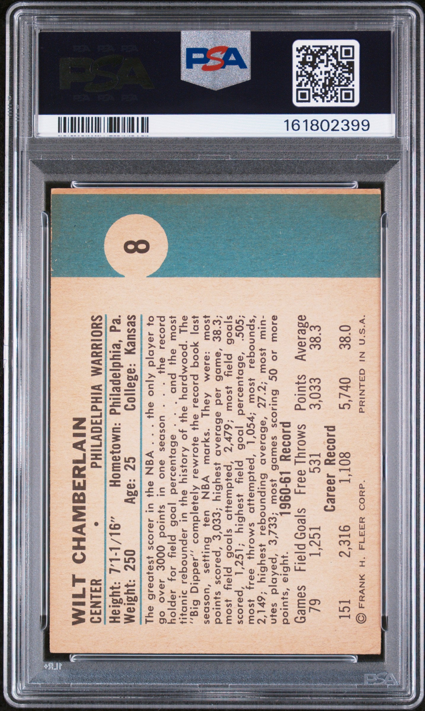 1961 Fleer #8 Wilt Chamberlain RC Rookie PSA 4 VG-EX Nice Eye Appeal New Label