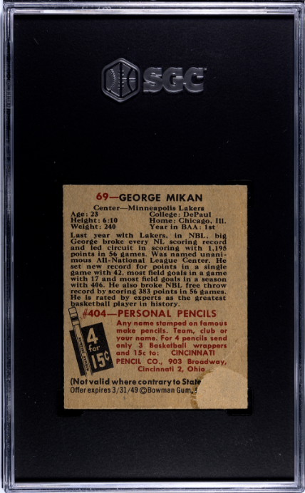 1948 Bowman #69 George Mikan RC Rookie SGC 1 SHARP + Nice Color