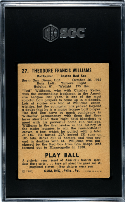1940 Playball #27 Ted Williams SGC 2 GD CREASE FREE