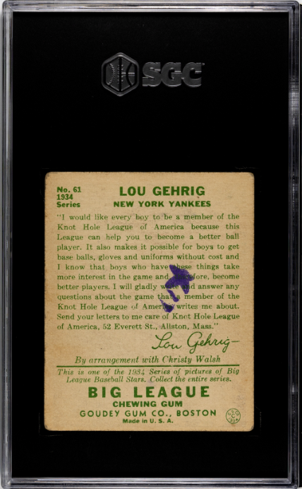 1934 Goudey #61 Lou Gehrig SGC 2 GD CREASE FREE Exceptional Color