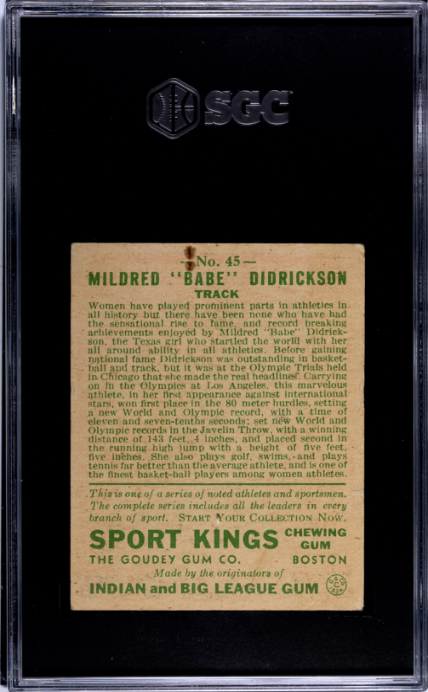 1933 Sport Kings Gum #45 Babe Didrickson Didrikson SGC 2.5 GD+ Nice Eye Appeal