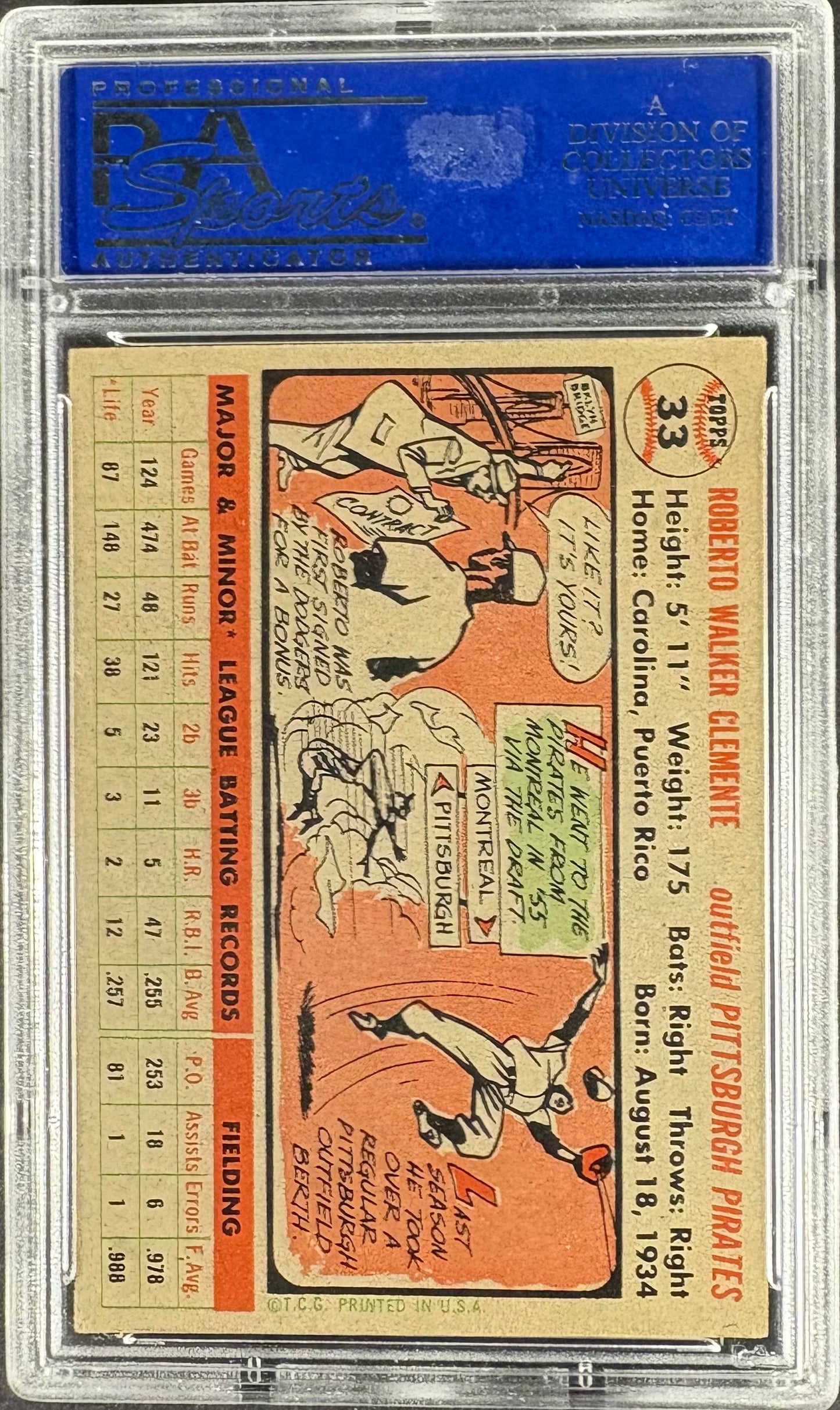 1956 Topps #33 Roberto Clemente Gray Back PSA 6 EX-MT