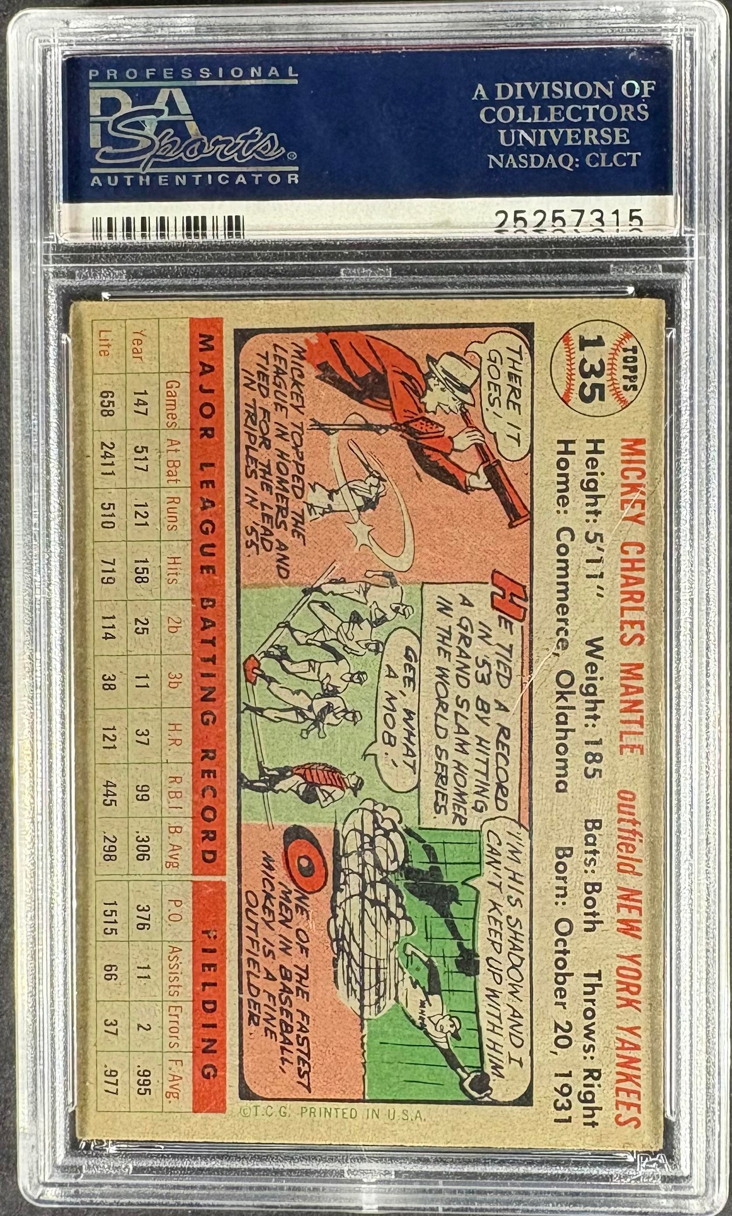 1956 Topps #135b Mickey Mantle Gray Back PSA 4 VG-EX Well Centered