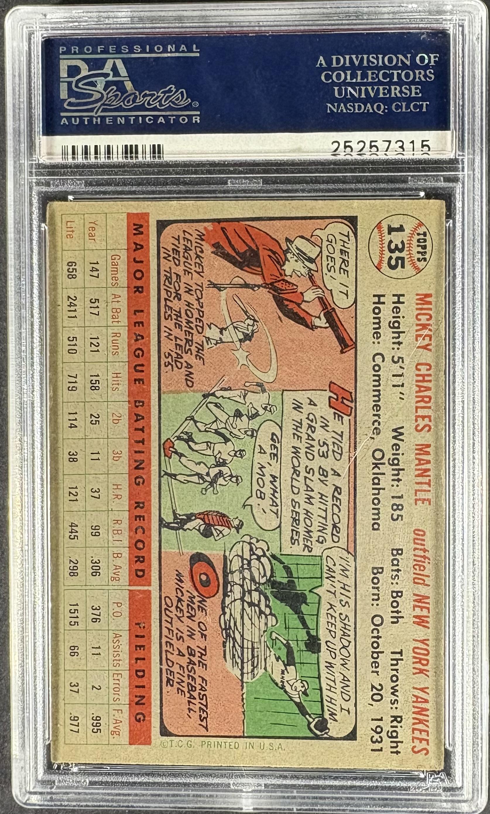 1956 Topps #135b Mickey Mantle Gray Back PSA 4 VG-EX Well Centered