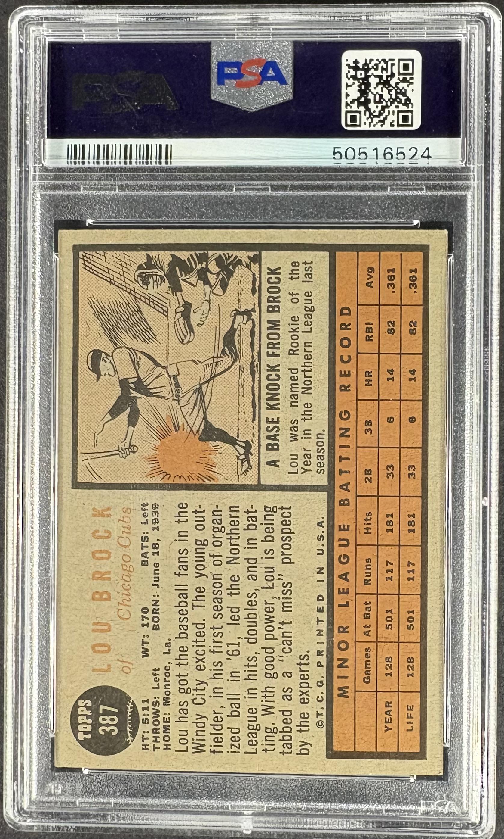 1962 Topps #387 Lou Brock RC Rookie PSA 7 NM Near Mint