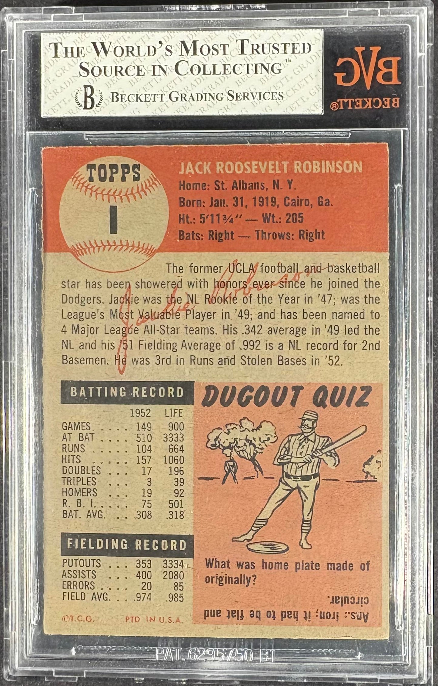 1953 Topps #1 Jackie Robinson BVG 5 EX Nice Color