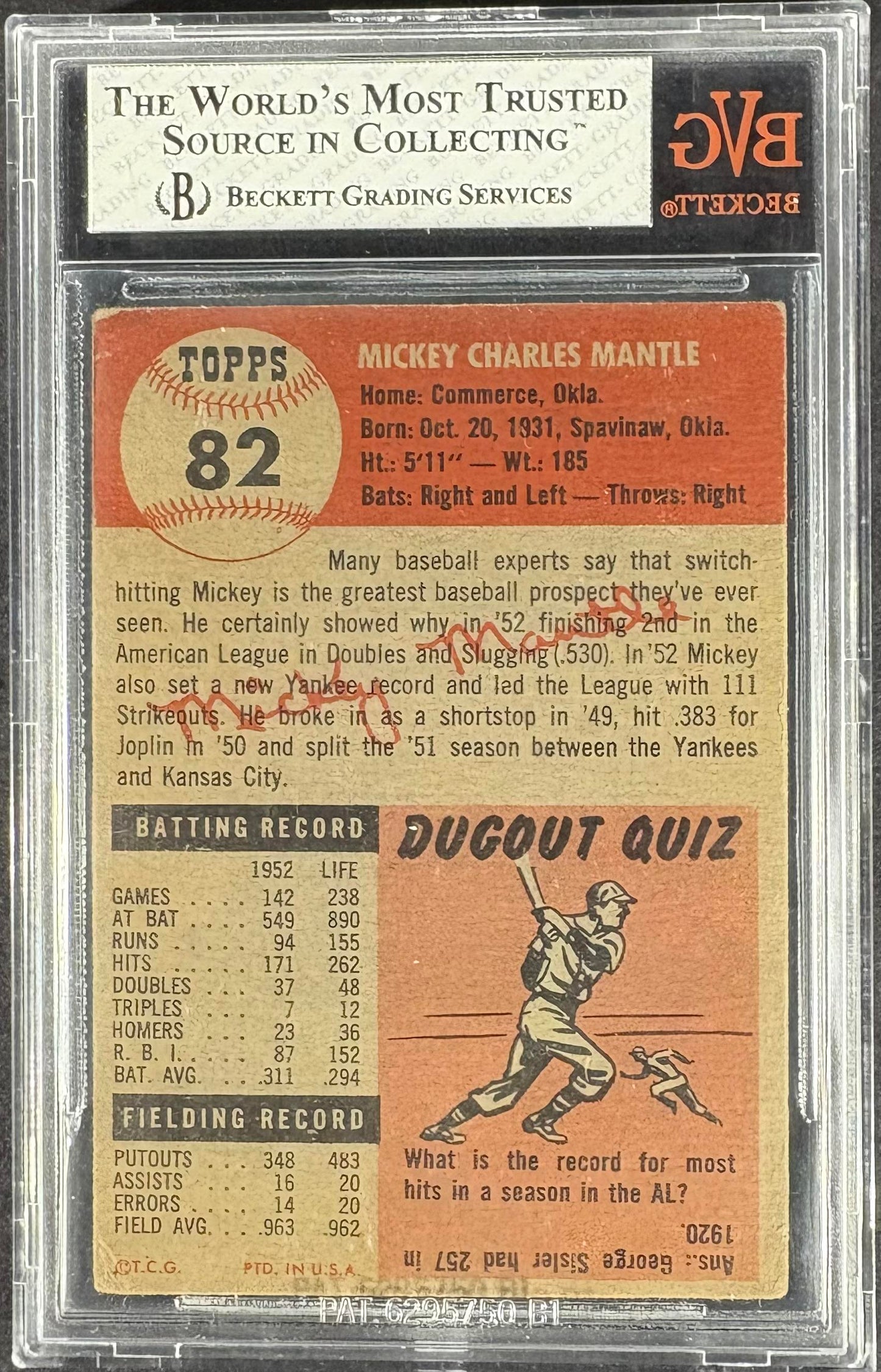 1953 Topps #82 Mickey Mantle BVG 4 VG-EX