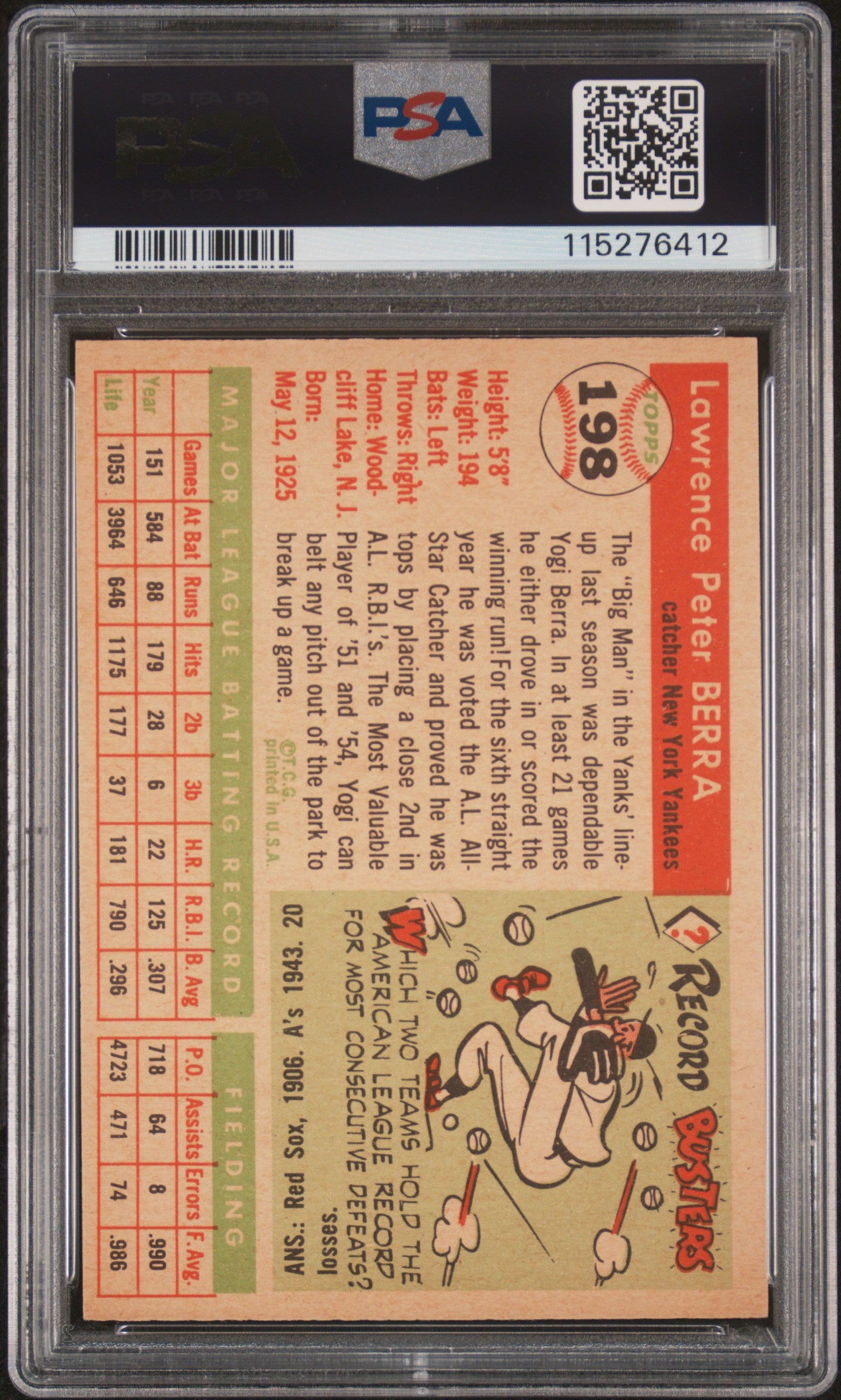 1955 Topps #198 Yogi Berra PSA 4 VG-EX New Label
