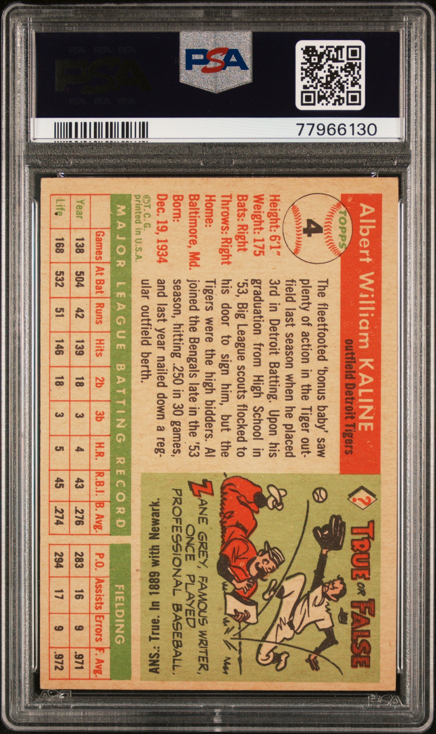1955 Topps #4 Al Kaline PSA 6 EX-MT New Label