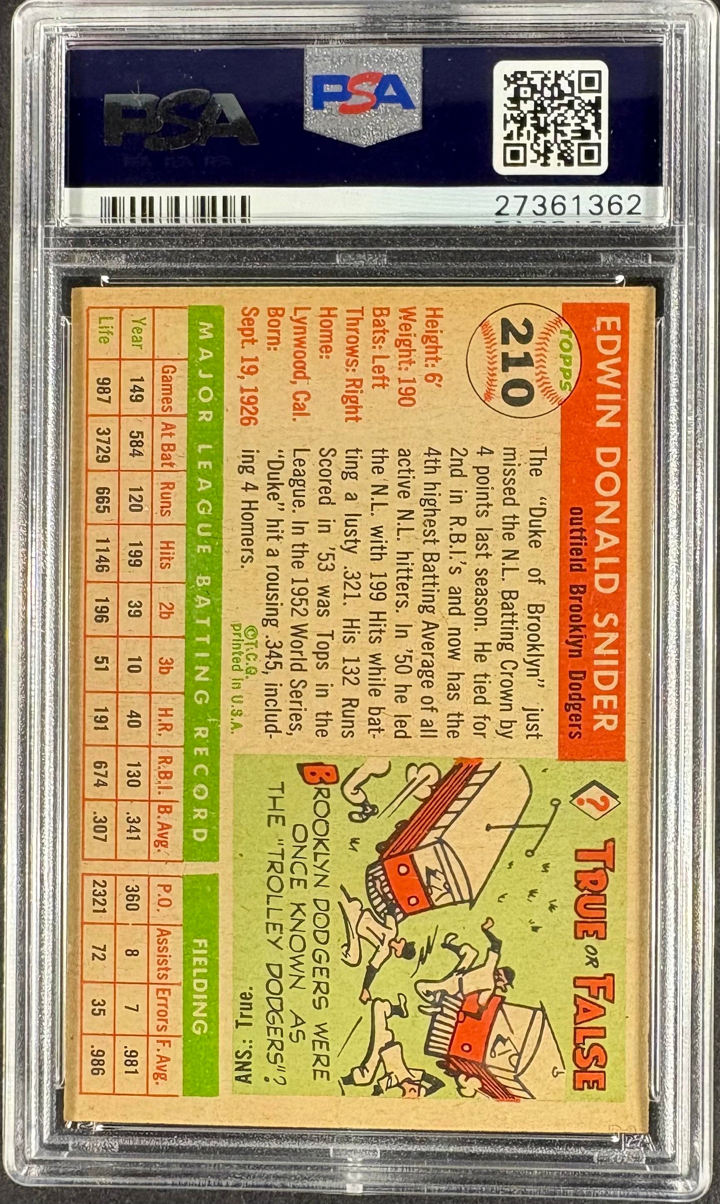 1955 Topps #210 Duke Snider PSA 4.5 VG-EX+ New Label