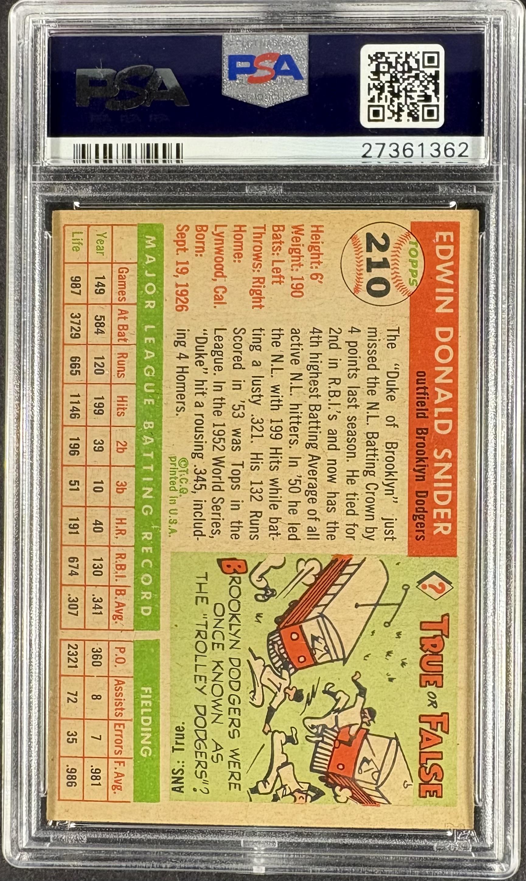 1955 Topps #210 Duke Snider PSA 4.5 VG-EX+ New Label