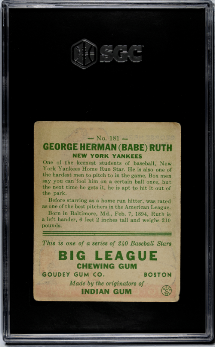 1933 Goudey #181 Babe Ruth SGC 2.5 GD+ CREASE FREE + Nice Color