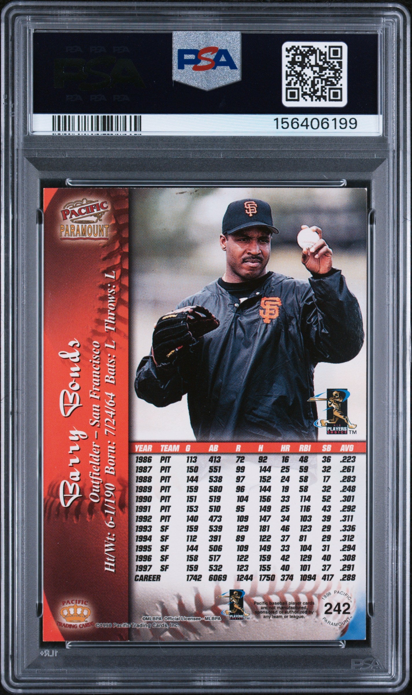1998 Pacific Paramount #242 Barry Bonds Platinum Blue PSA 7 POP 1 ONLY 1 HIGHER