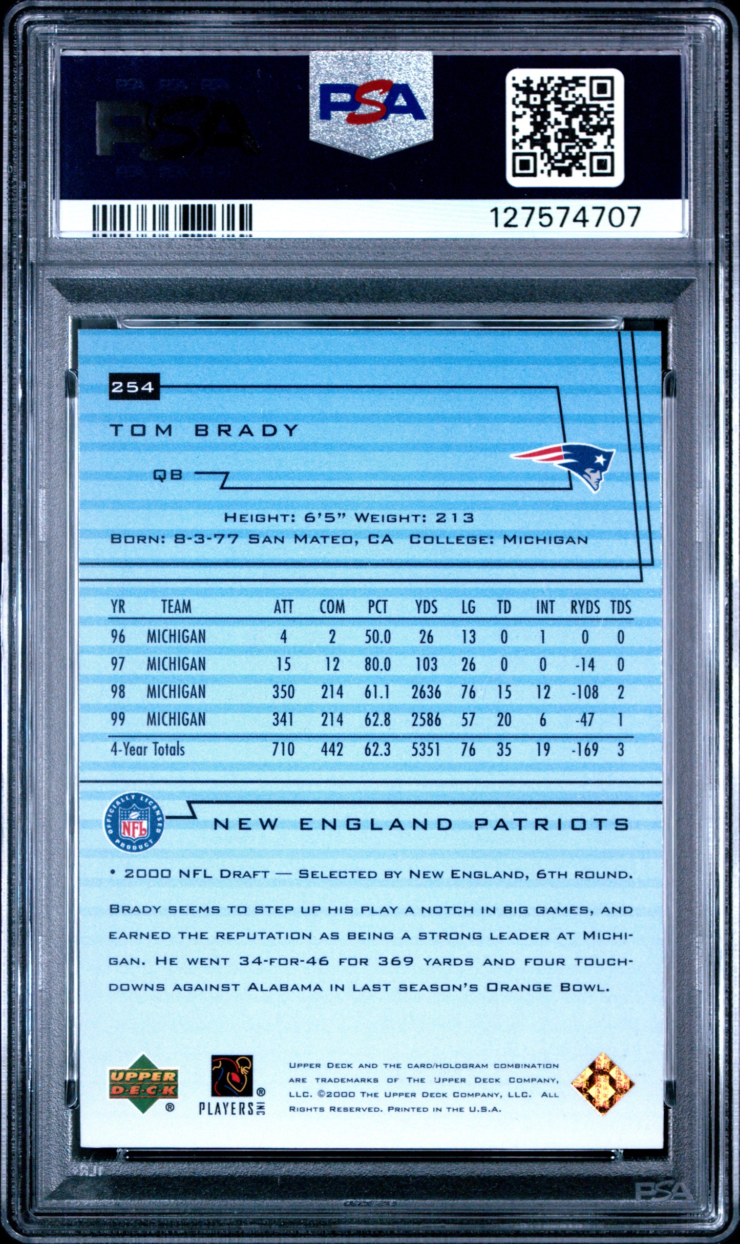 2000 Upper Deck #254 Tom Brady RC Rookie PSA 8 NM-MT
