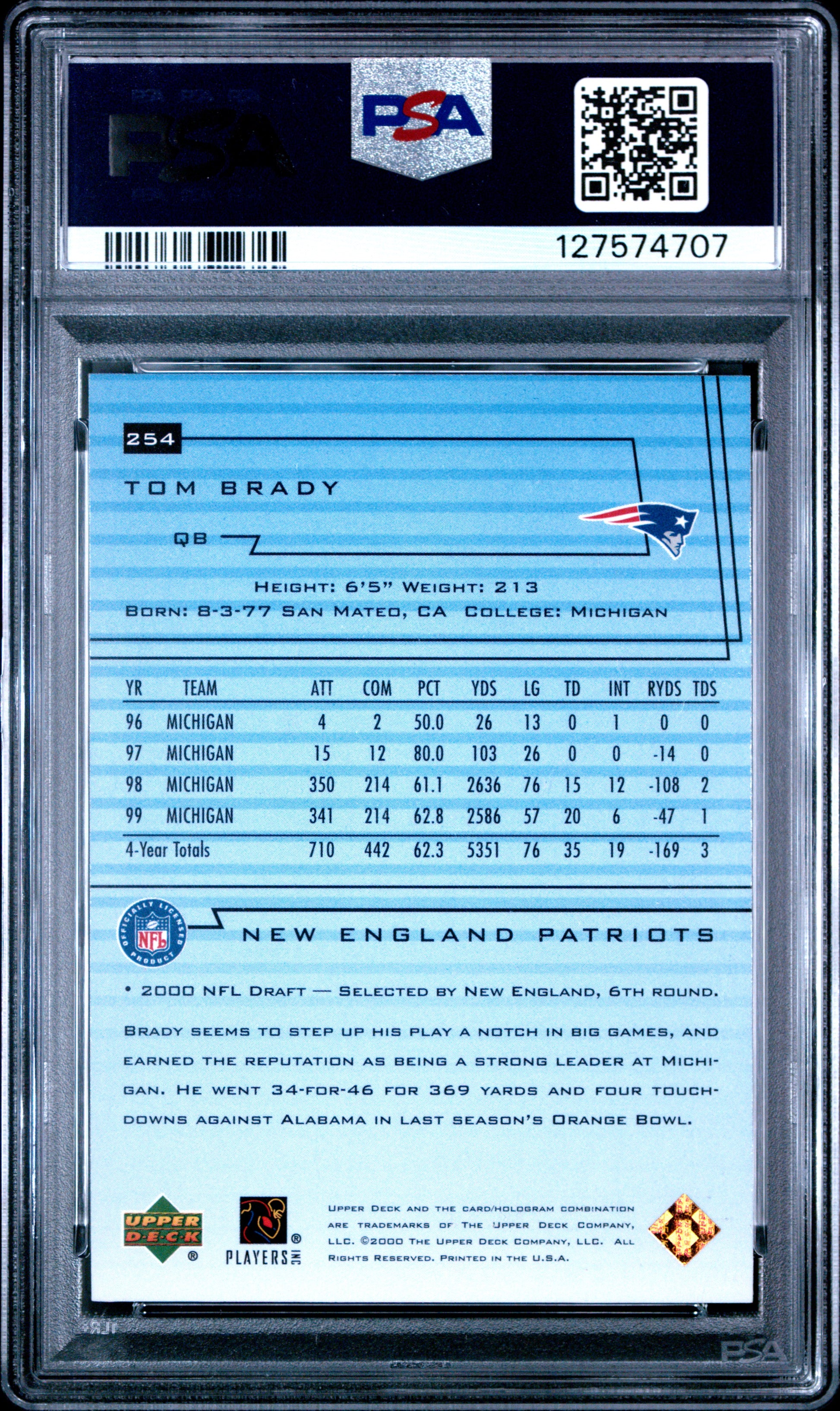 2000 Upper Deck #254 Tom Brady RC Rookie PSA 8 NM-MT