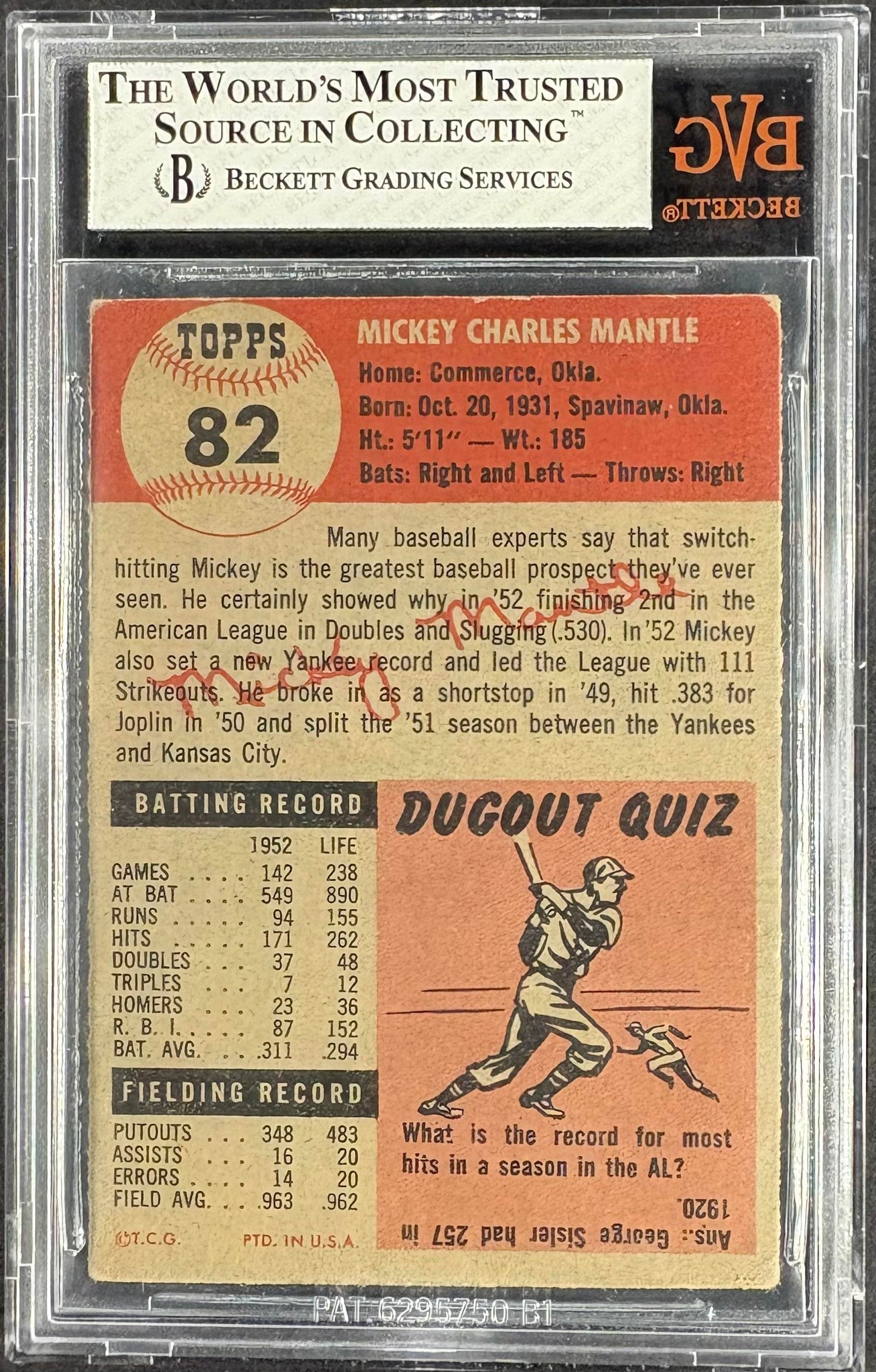 1953 Topps #82 Mickey Mantle BVG 3 VG Nice Color