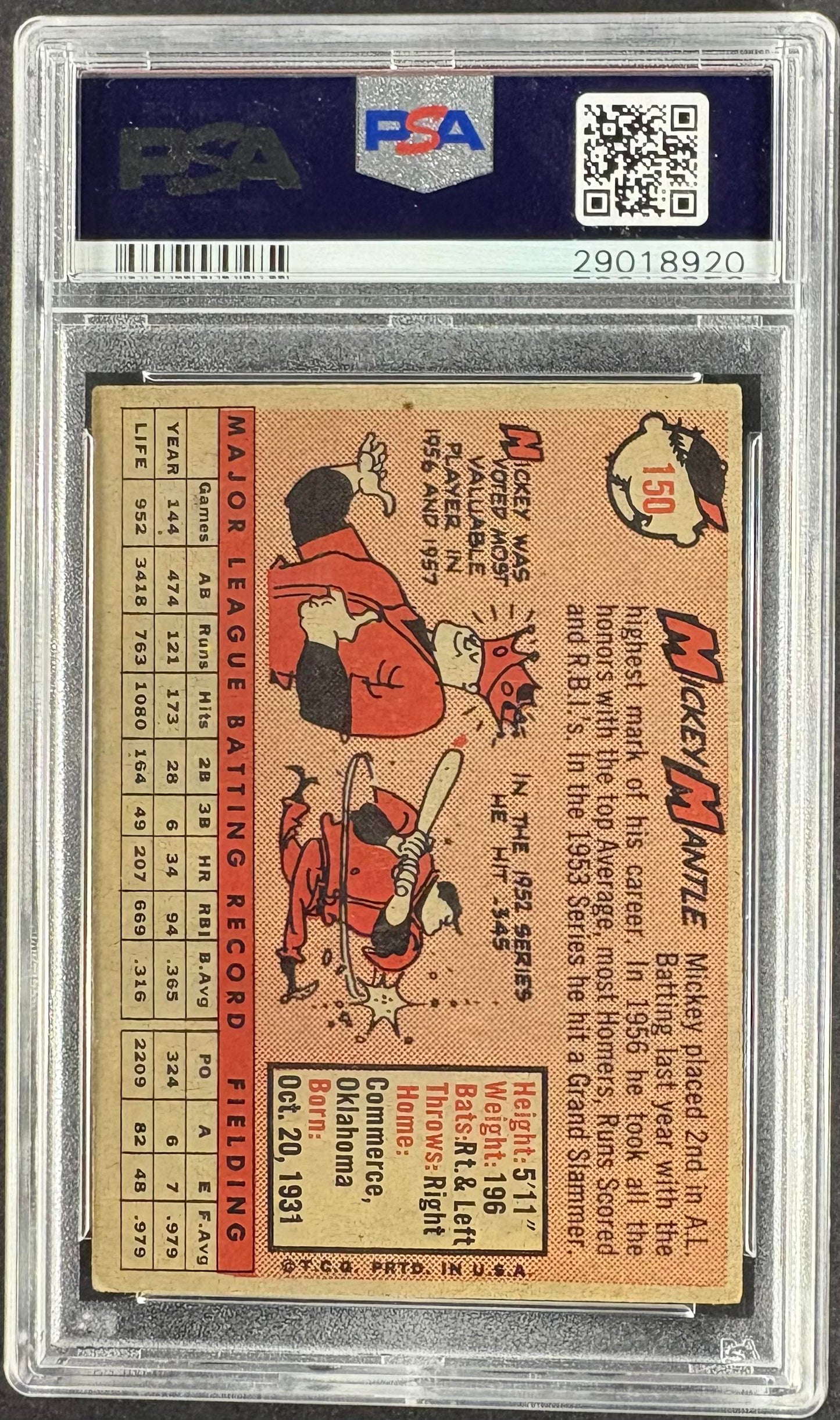 1958 Topps #150 Mickey Mantle PSA 4 VG-EX New Label
