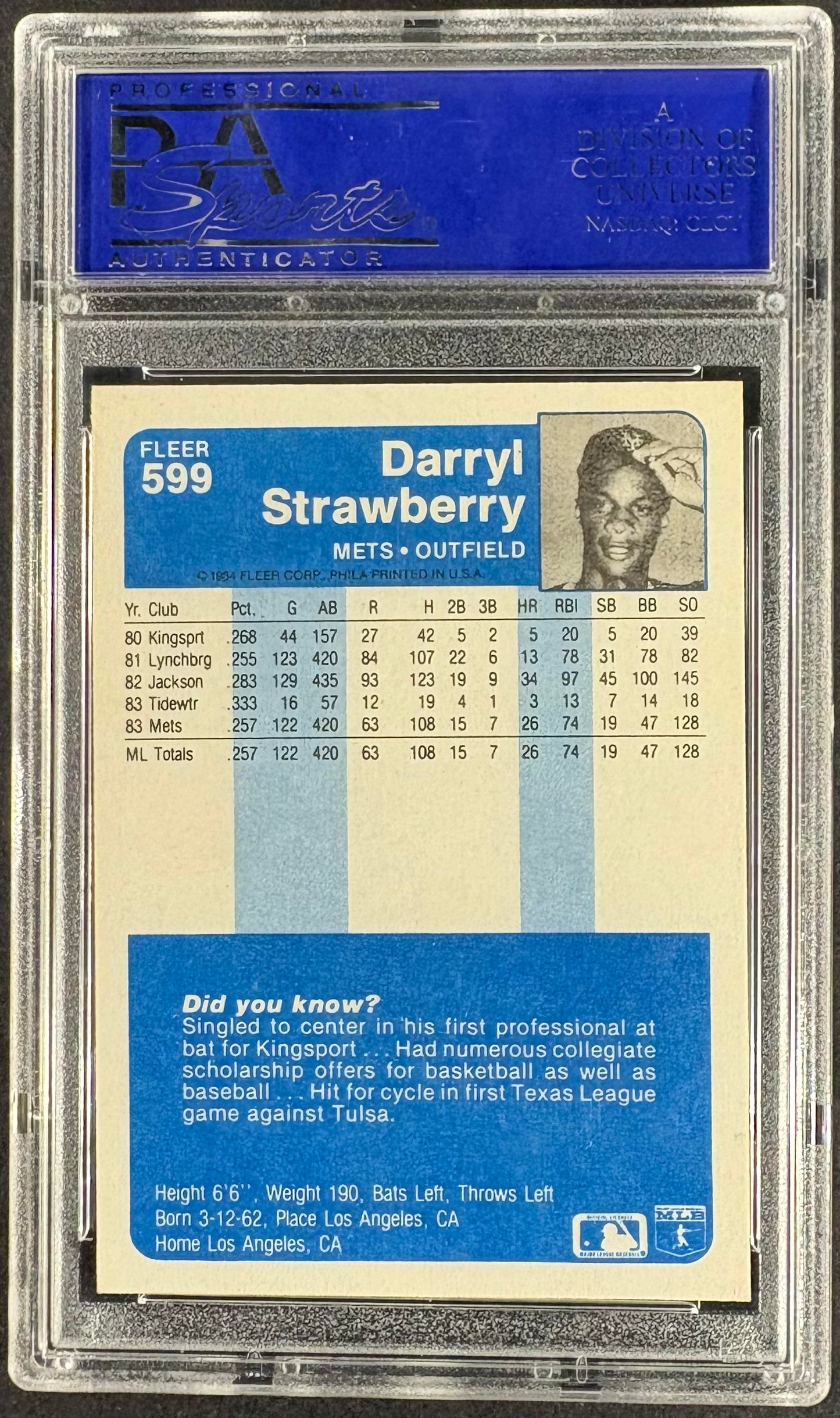 1984 Fleer #599 Darryl Strawberry PSA 10 GEM MINT