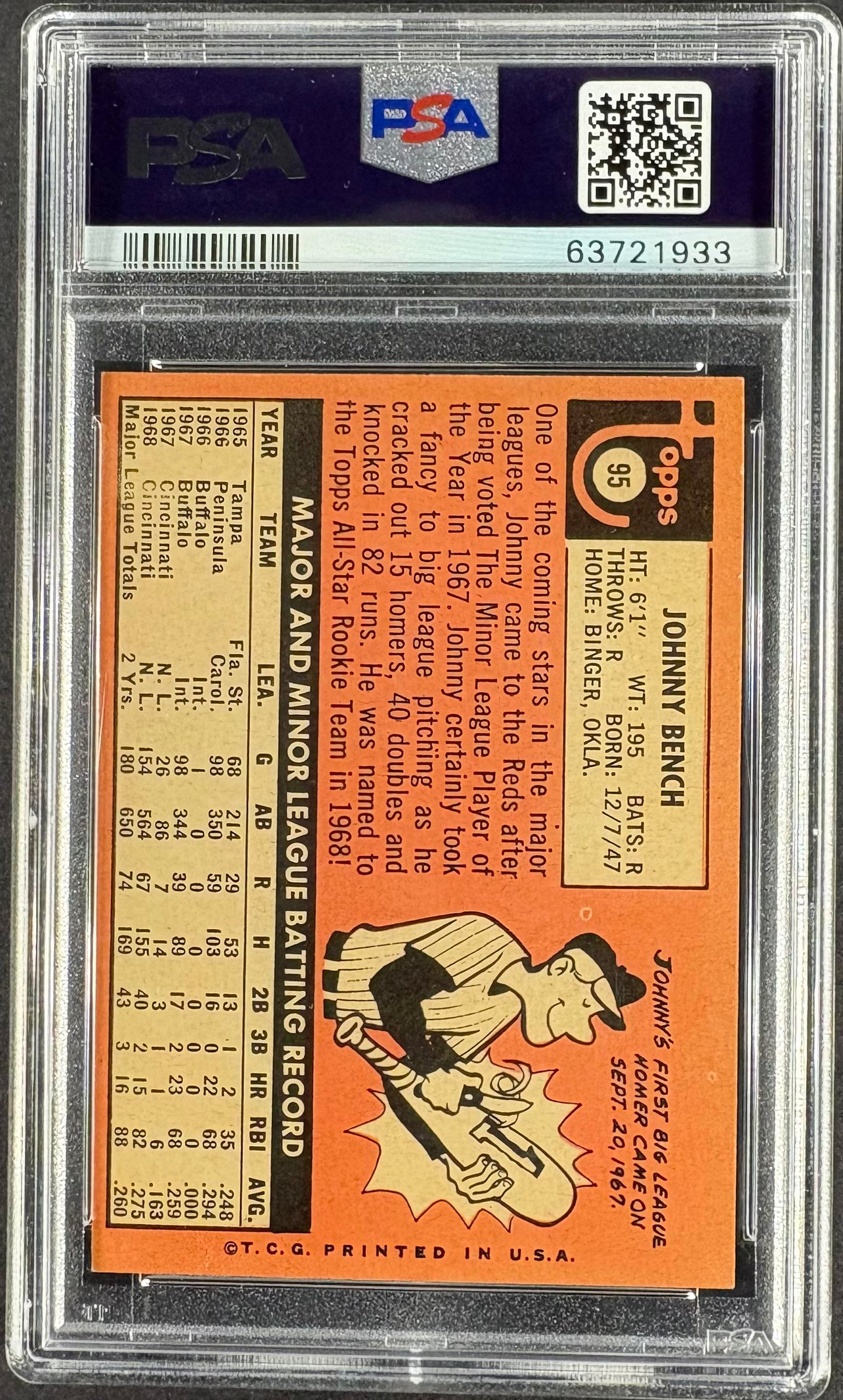 1969 Topps #95 Johnny Bench PSA 6 EX-MT New Label