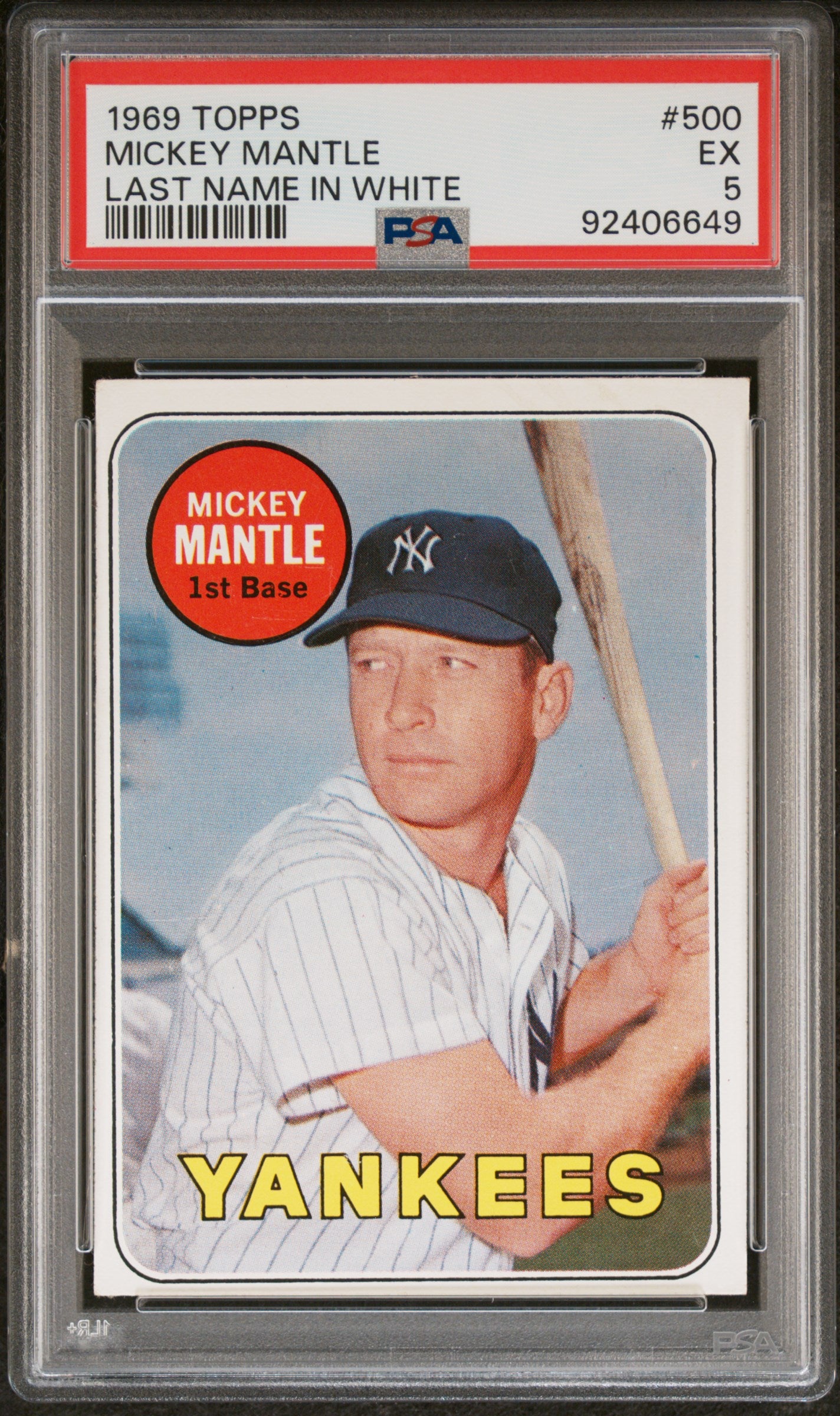 1969 Topps #500 Mickey Mantle WHITE Letter PSA 5 EX New Label