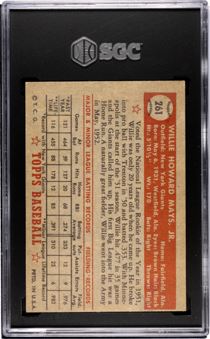 1952 Topps #261 Willie Mays SGC 2.5 GD+ SHARP + Nice Color