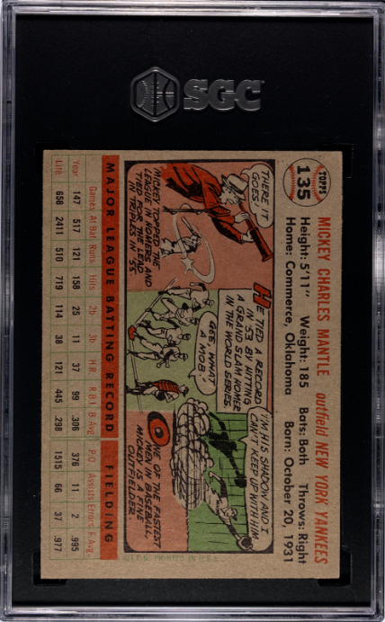 1956 Topps #135 Mickey Mantle Gray Back SGC 4.5 VG-EX+ SHARP