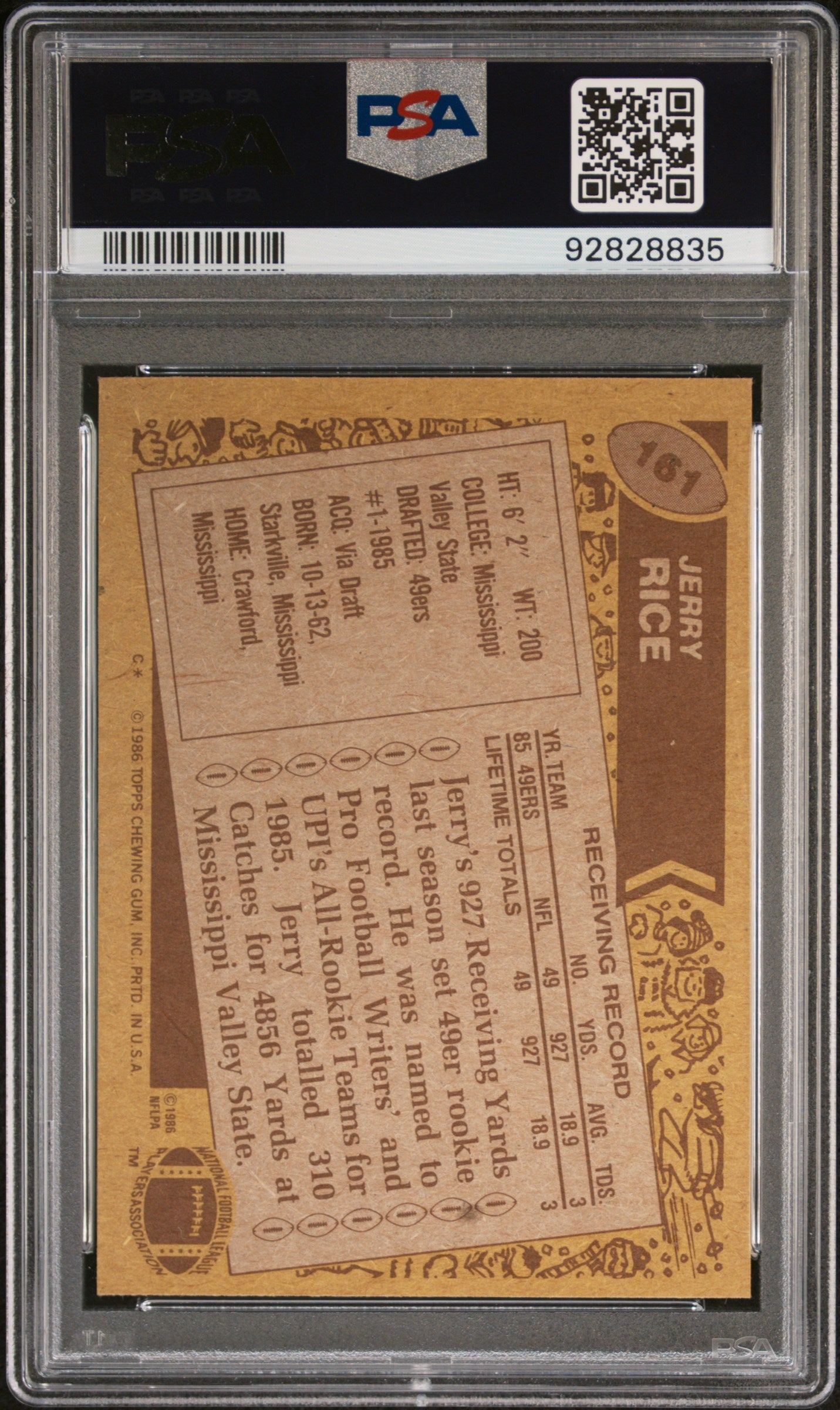 1986 Topps #161 Jerry Rice RC Rookie PSA 9 MINT New Label