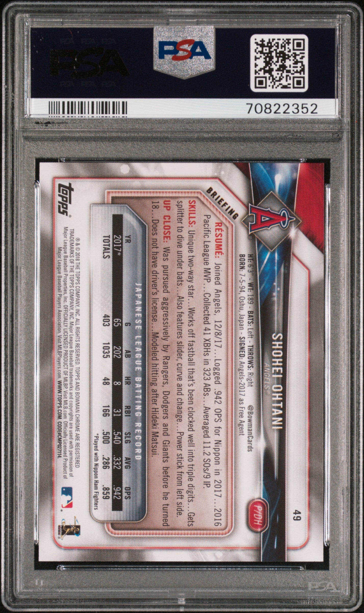 2018 Bowman #49 Shohei Ohtani RC Rookie PITCHING PSA 10 GEM MINT