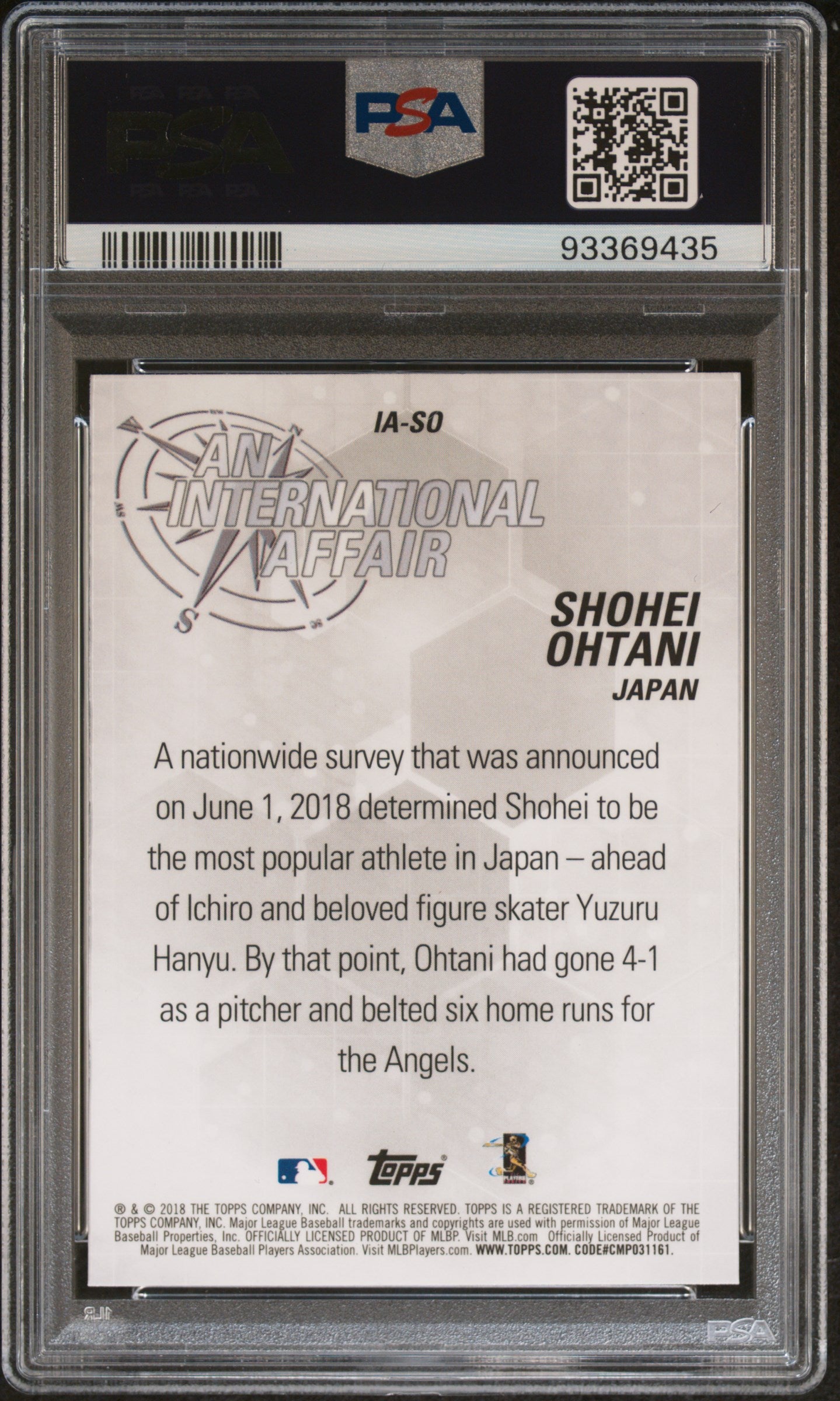 2018 Topps Chrome Update International Affair #IA-SO Shohei Ohtani PSA 10