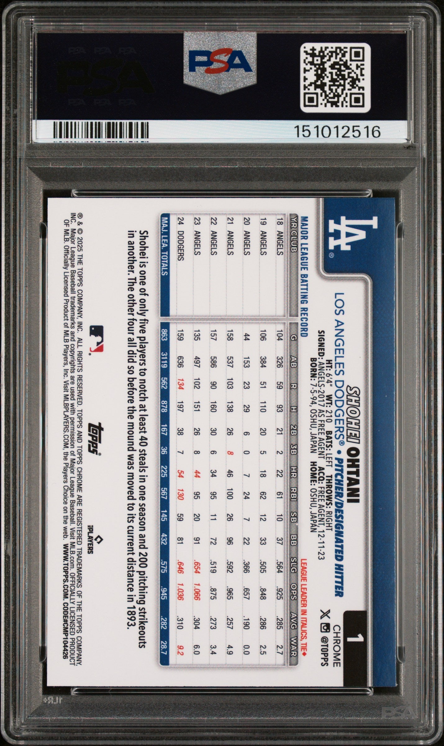 2025 Topps Chrome #1 Shohei Ohtani PSA 10 GEM MINT