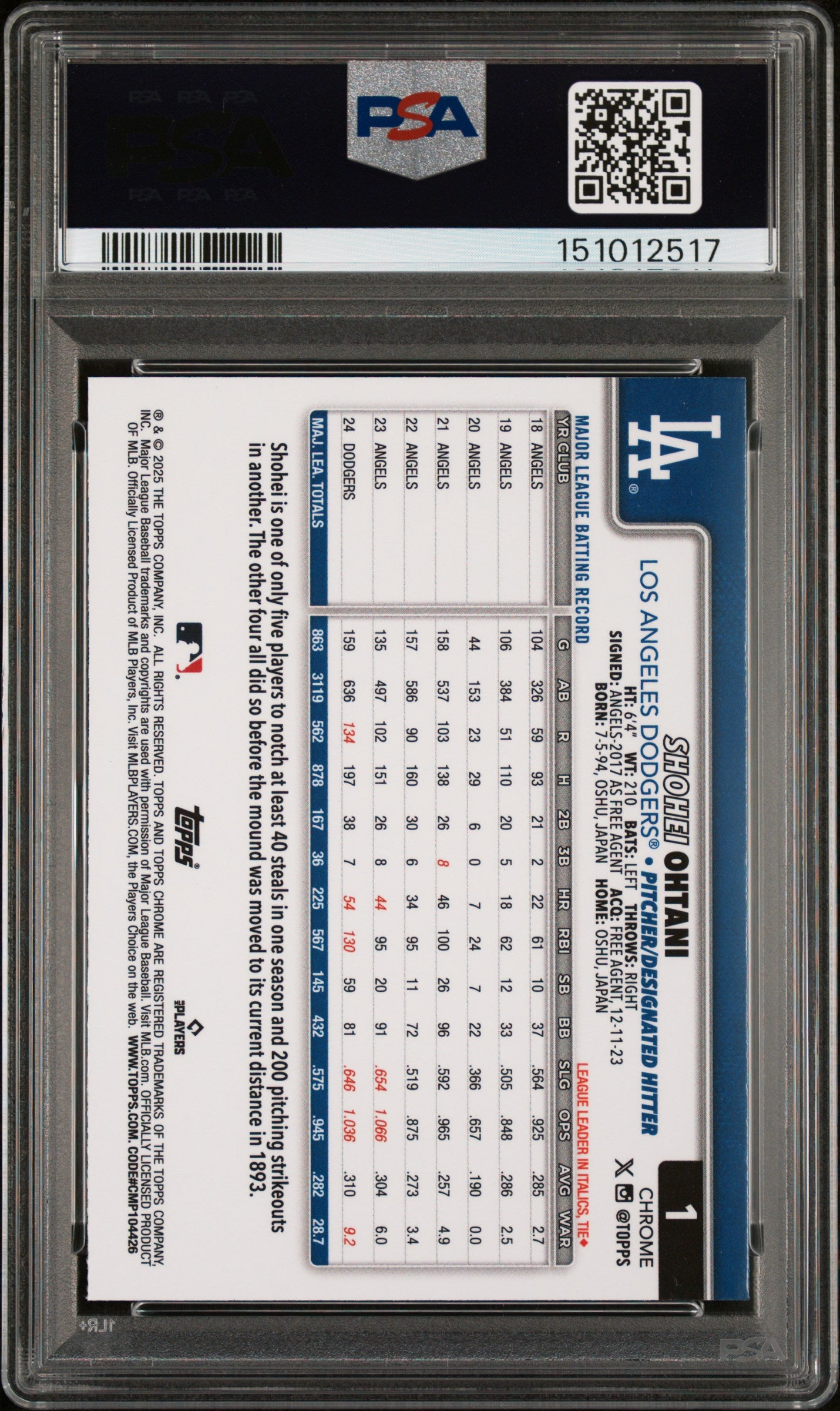 2025 Topps Chrome #1 Shohei Ohtani Prism Refractor PSA 10 GEM MINT