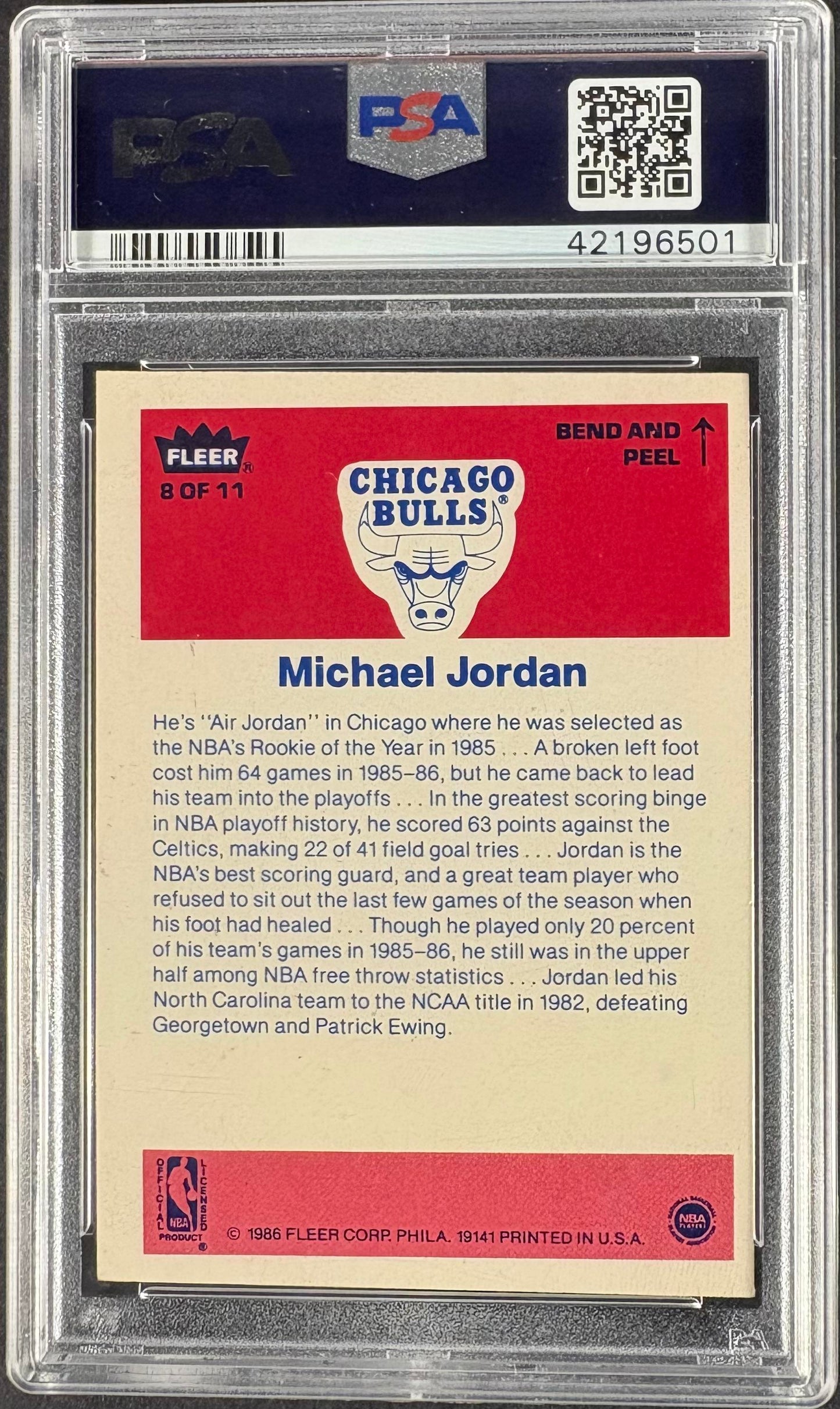 1986-87 Fleer #8 Michael Jordan RC Rookie Sticker PSA 6 EX-MT New Label
