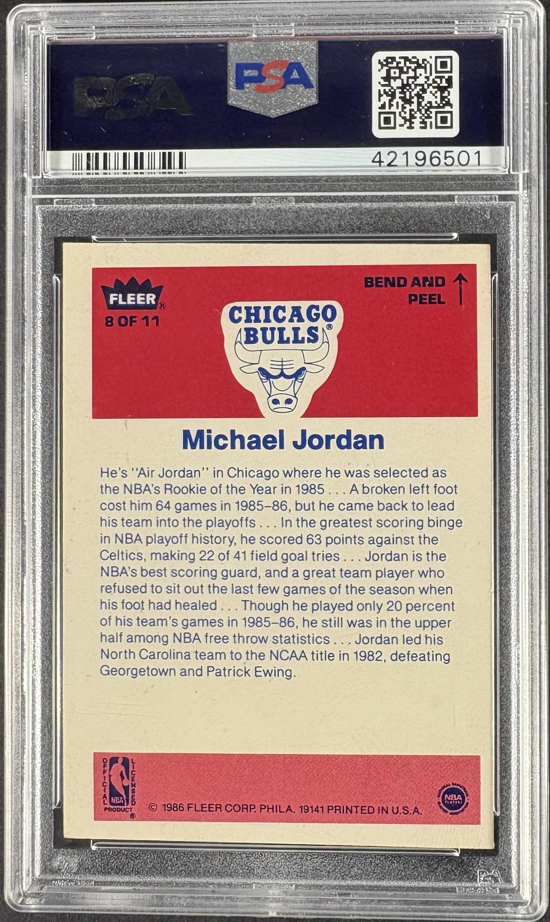 1986-87 Fleer #8 Michael Jordan RC Rookie Sticker PSA 6 EX-MT New Label