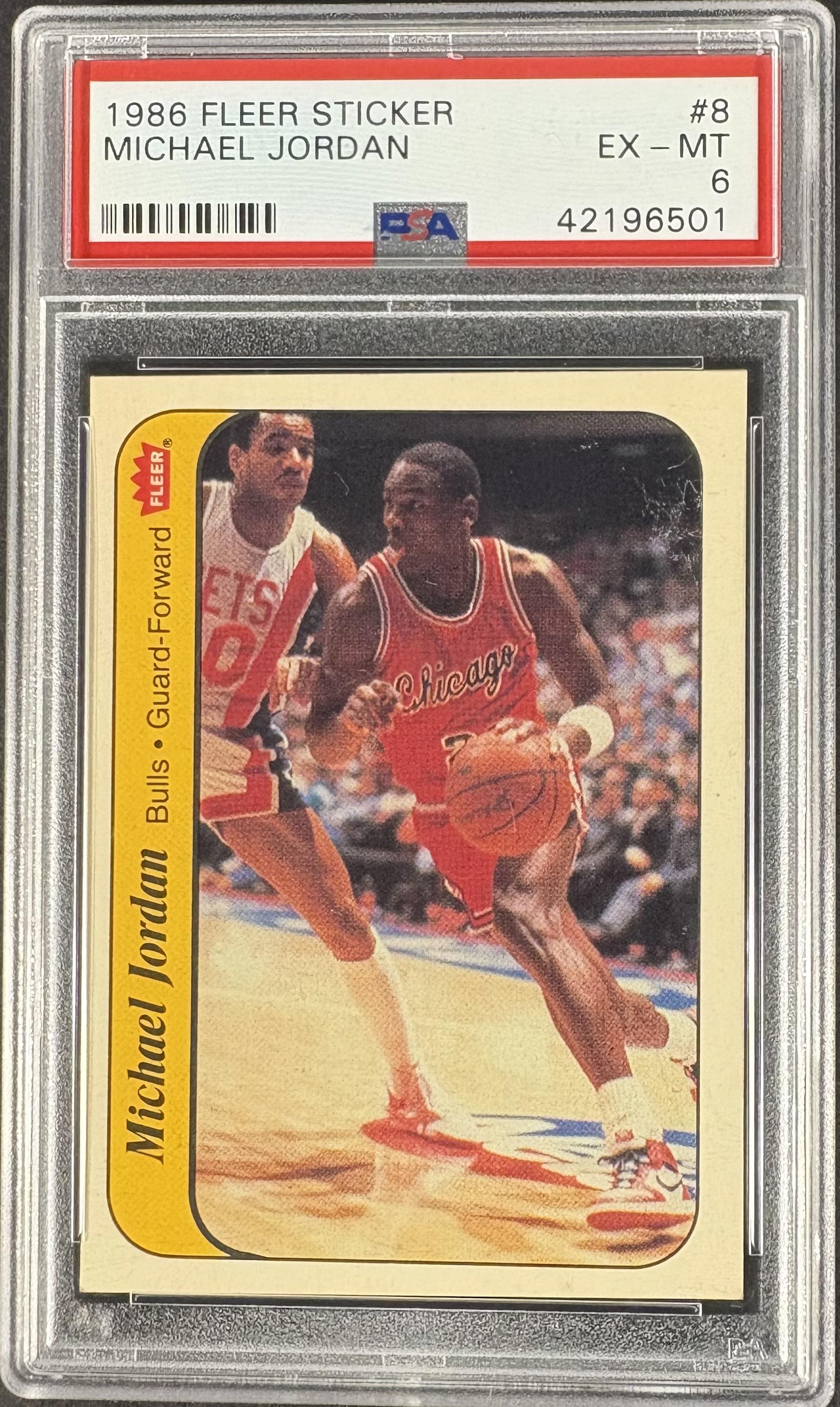 1986-87 Fleer #8 Michael Jordan RC Rookie Sticker PSA 6 EX-MT New Label