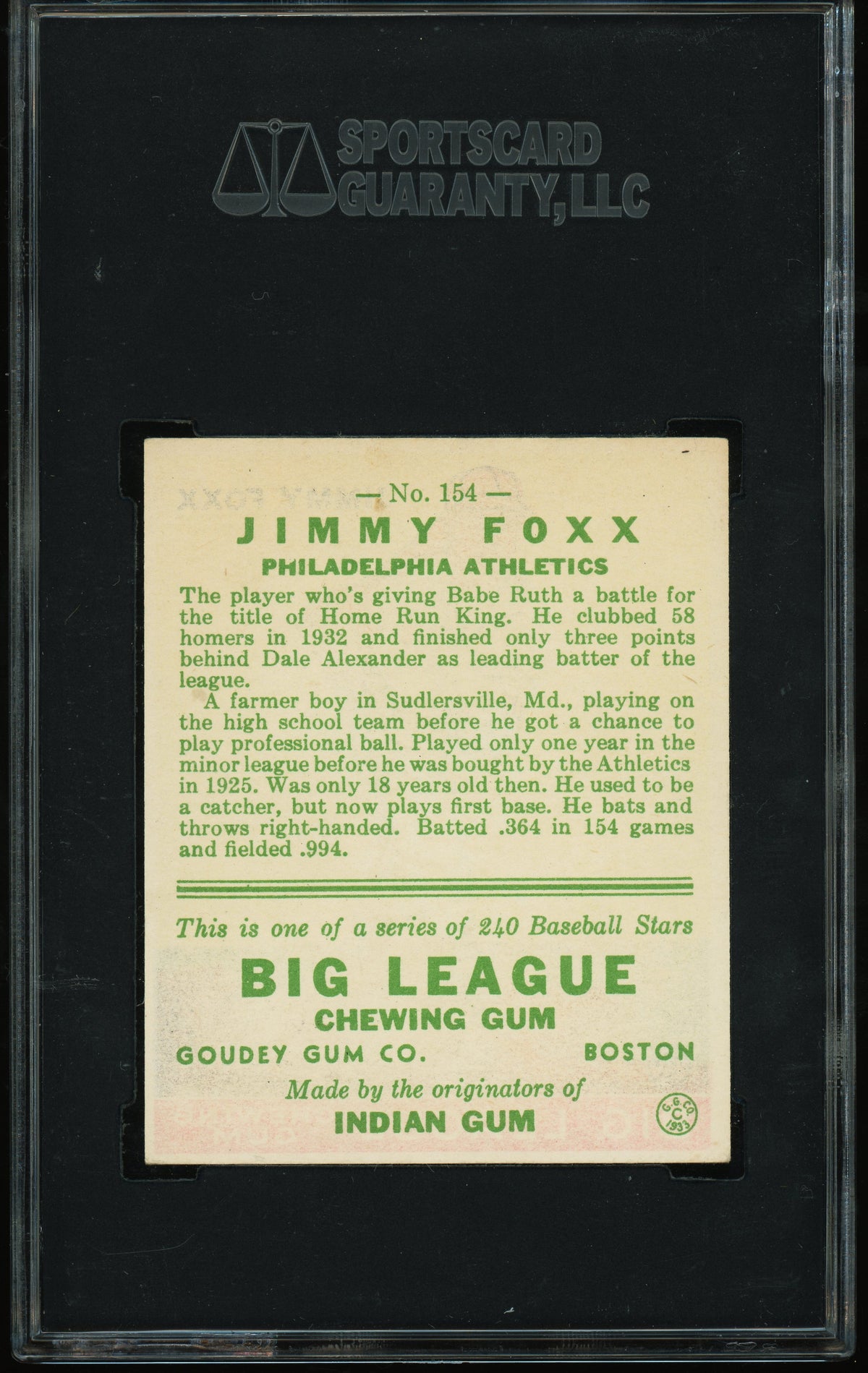 1933 Goudey #154 Jimmy Jimmie Foxx SGC 5.5 EX+