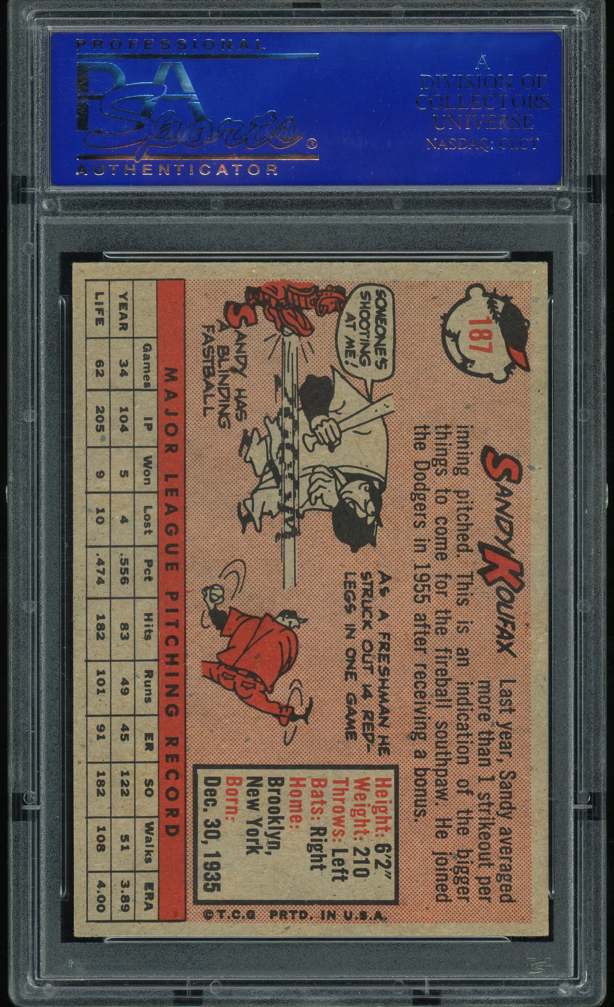 1958 Topps #187 Sandy Koufax PSA 7 NM Near Mint